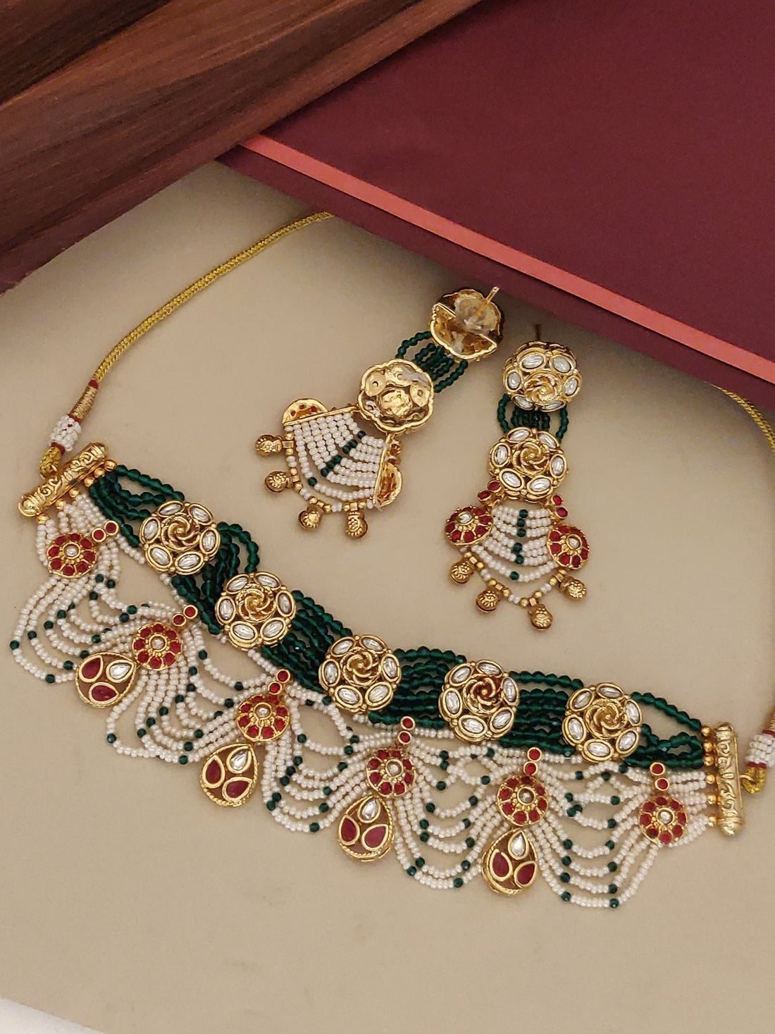 Rajwadi Style Gold Plated Kundan Beads Necklace Set with intricate design and matching earrings