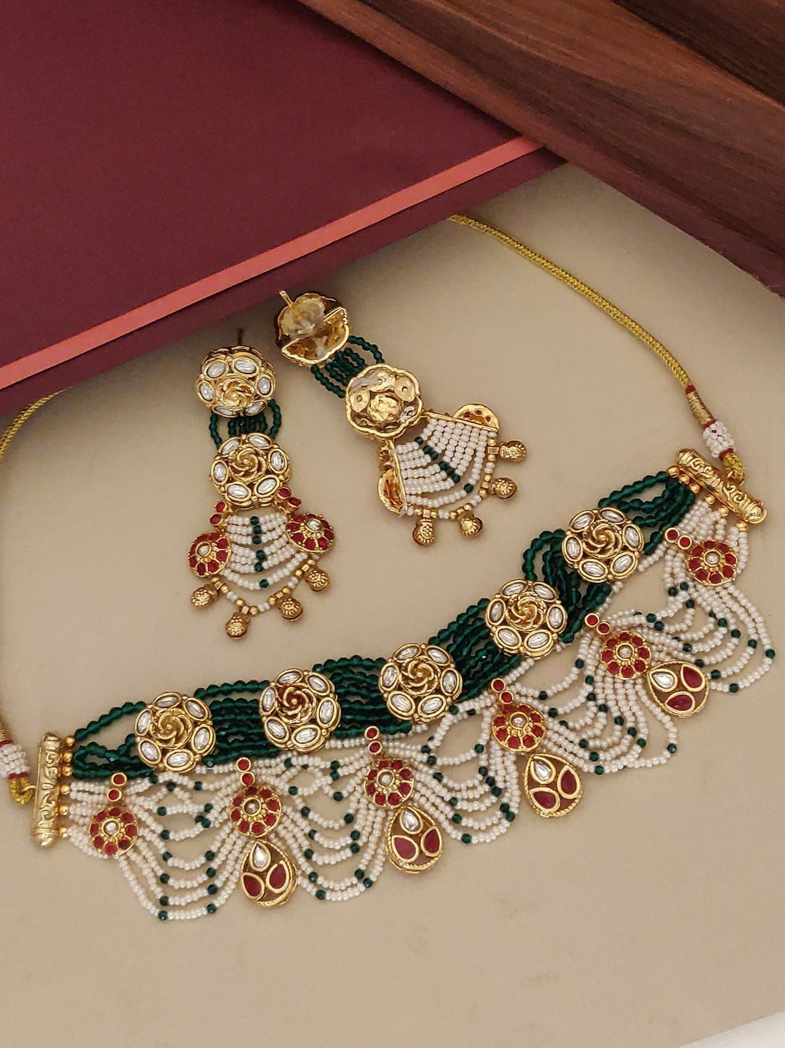 Rajwadi Style Gold Plated Kundan Beads Necklace Set with intricate design and matching earrings