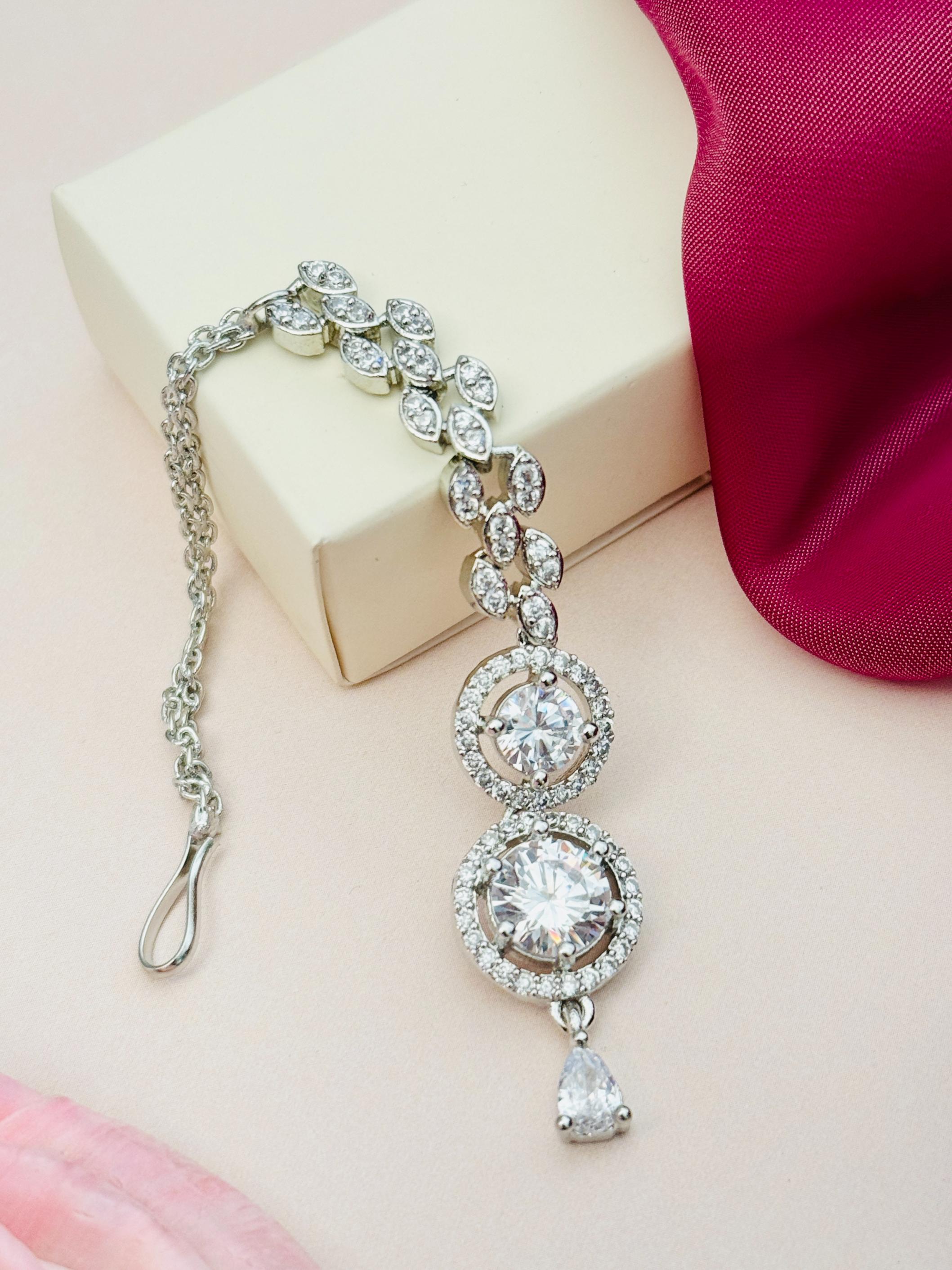 Round Silver Plated American Diamond Maangtikka with intricate design and sparkling stones by Abdesignsjewellery