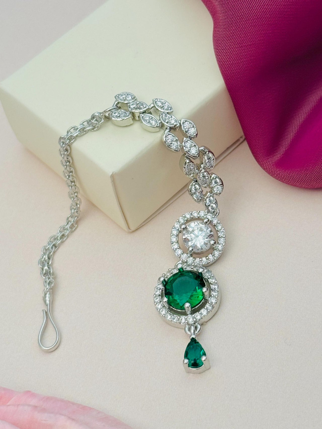 Round Silver Plated American Diamond Maangtikka with green and clear stones by Abdesignsjewellery