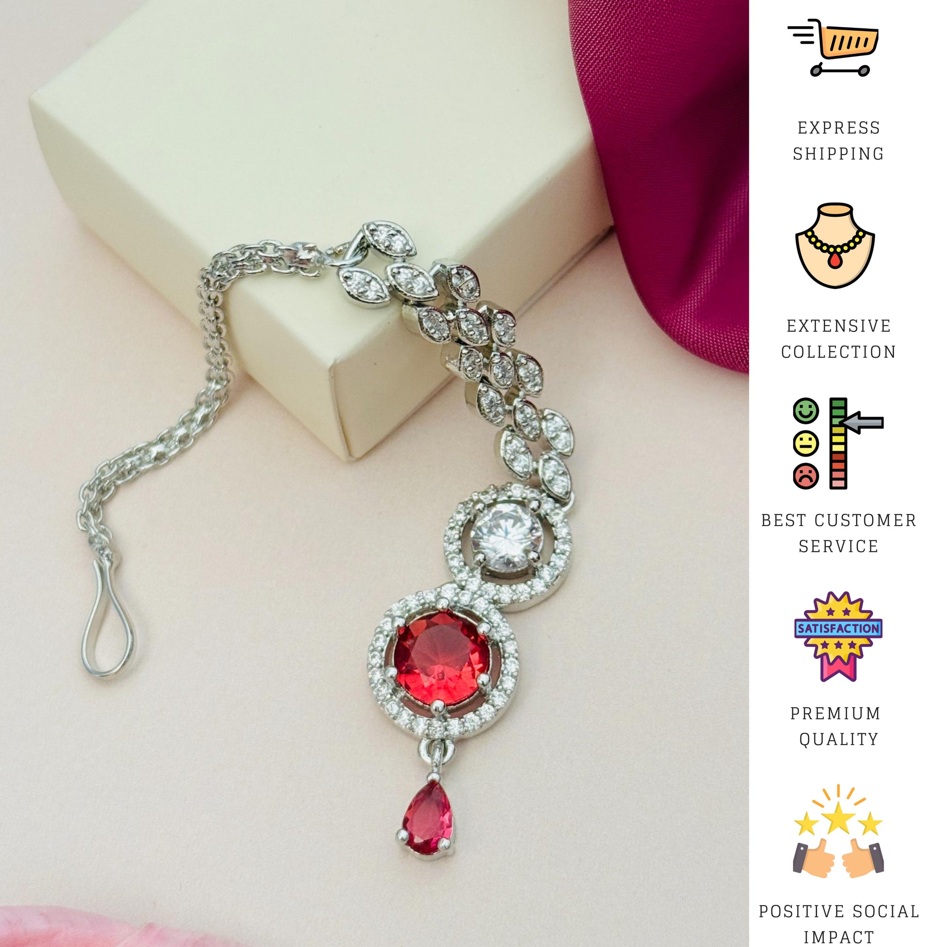 Round Silver Plated American Diamond Maangtikka with red and clear stones by Abdesignsjewellery