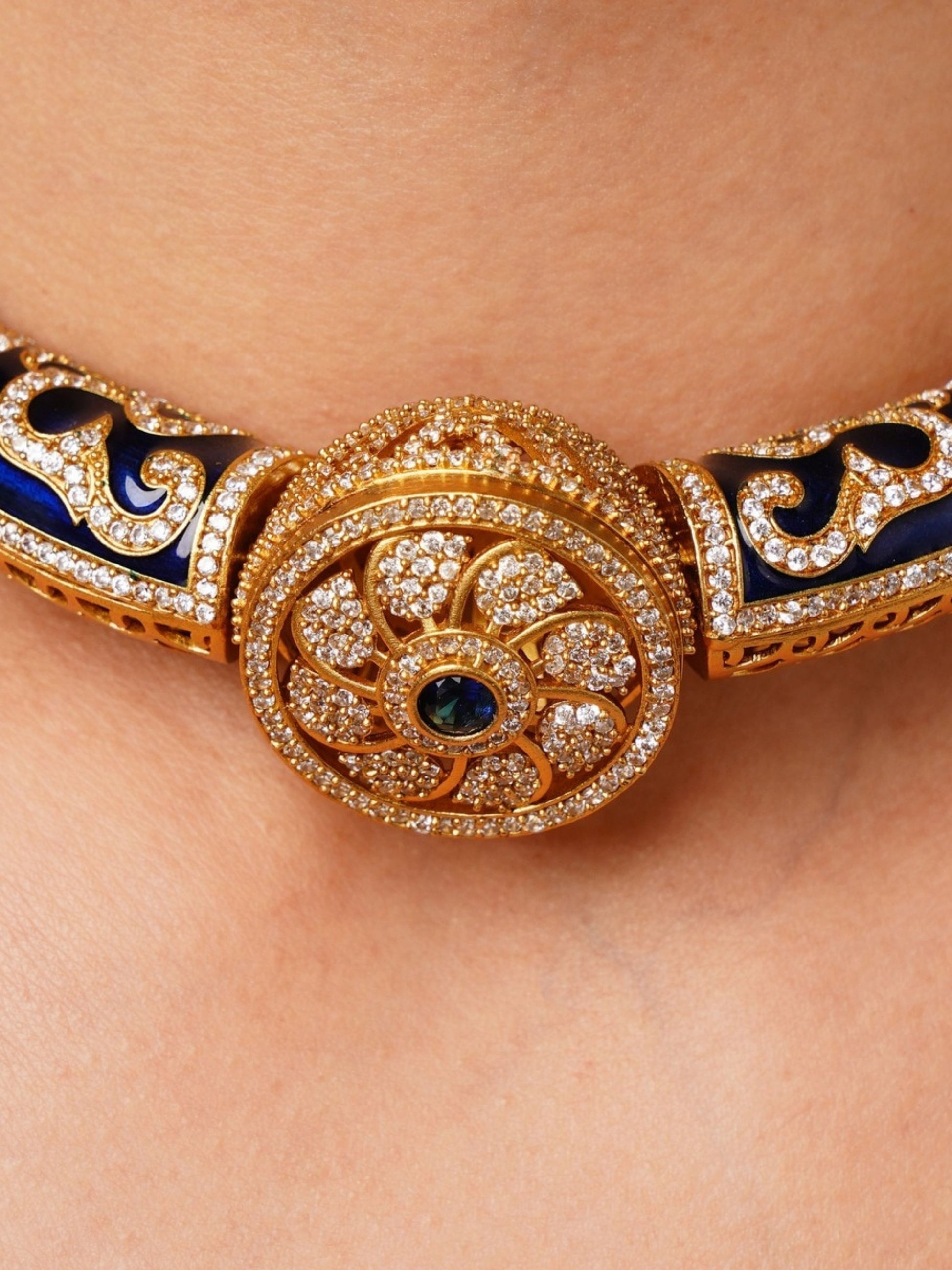 Close-up of Royal Blue Meenakari Polki Hasli Necklace Set with intricate gold and gemstone detailing