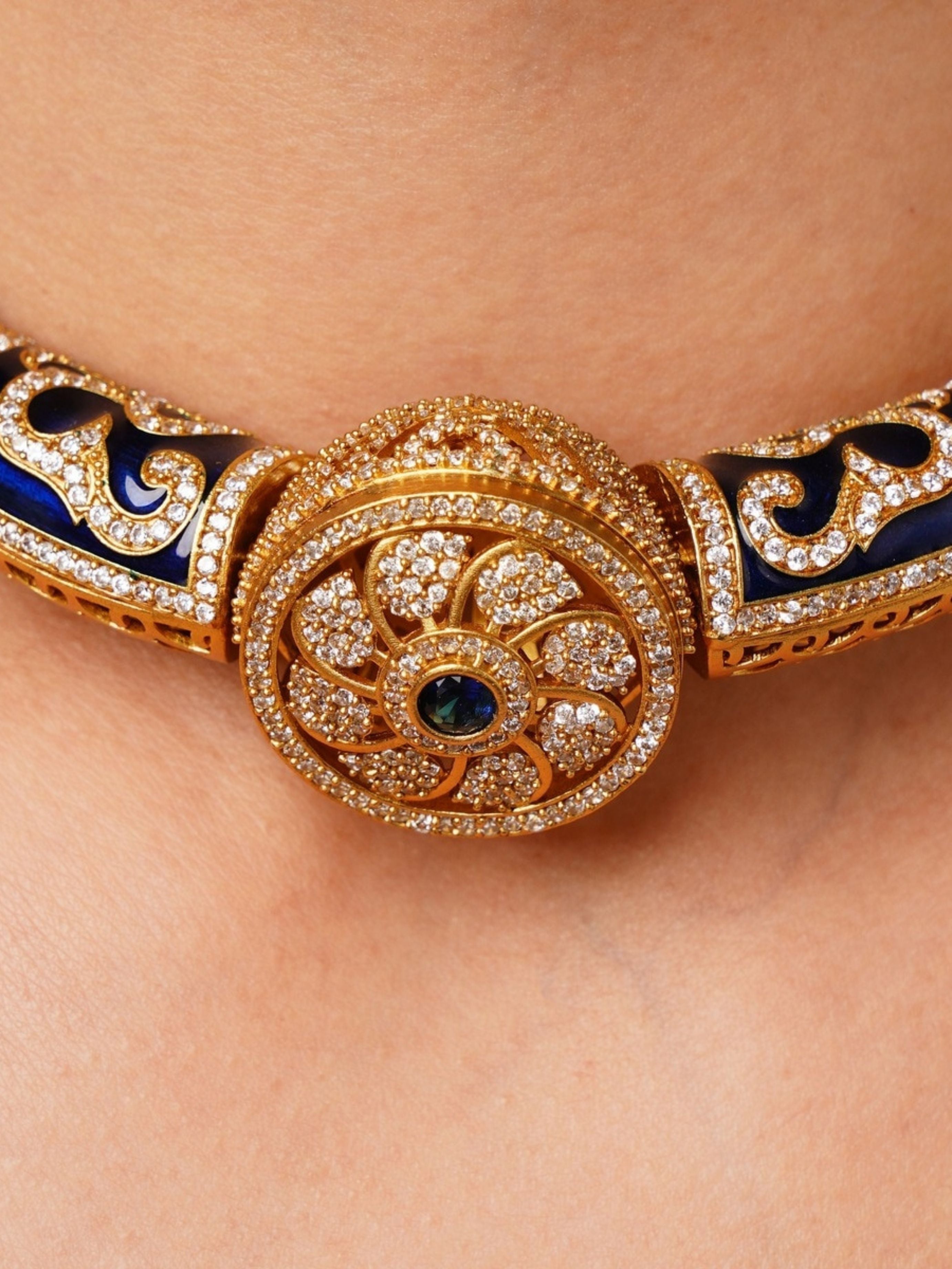 Close-up of Royal Blue Meenakari Polki Hasli Necklace Set with intricate gold and gemstone detailing