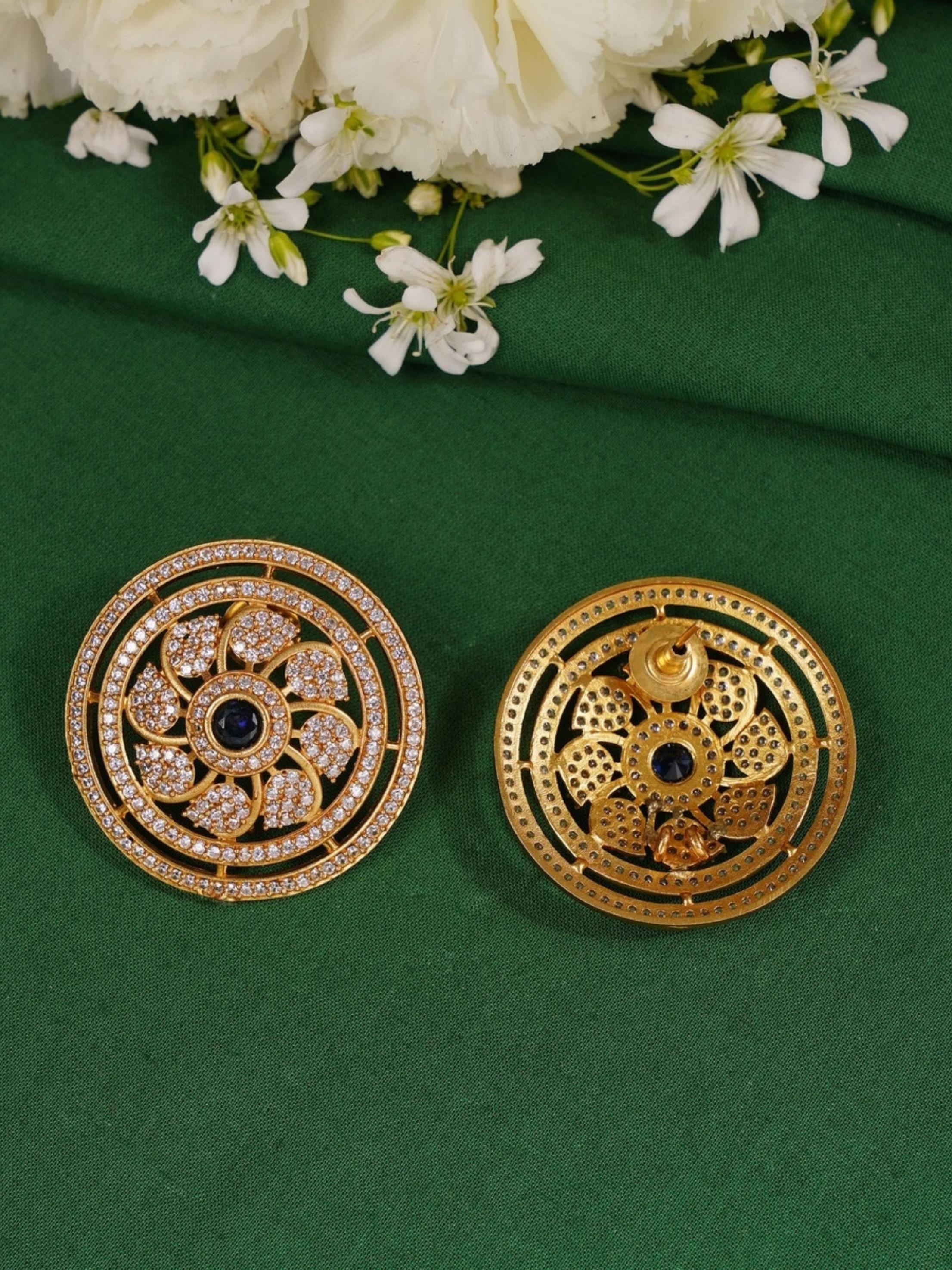 Abdesignsjewellery Royal Blue Meenakari Polki Hasli Necklace Set detailed circular gold earrings with blue and white stones