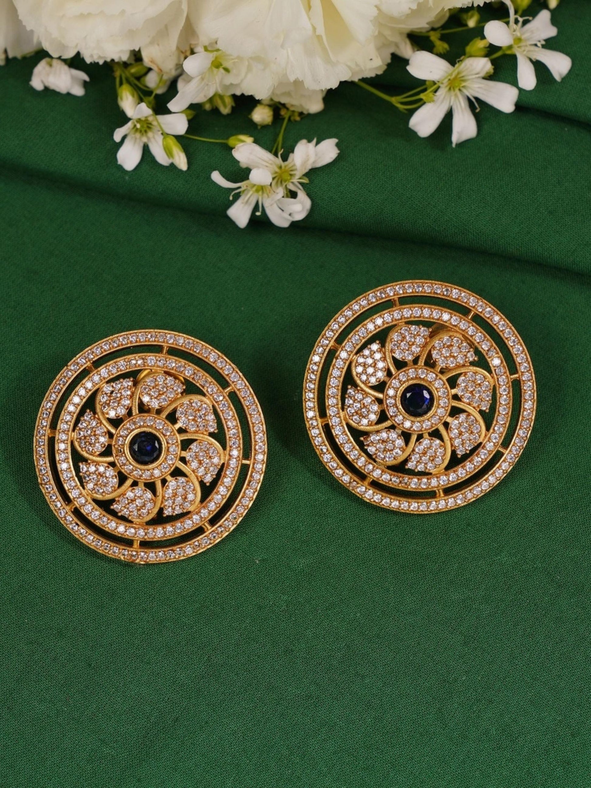 Royal Blue Meenakari Polki Hasli Necklace Set gold tone round earrings with blue center stones and intricate design