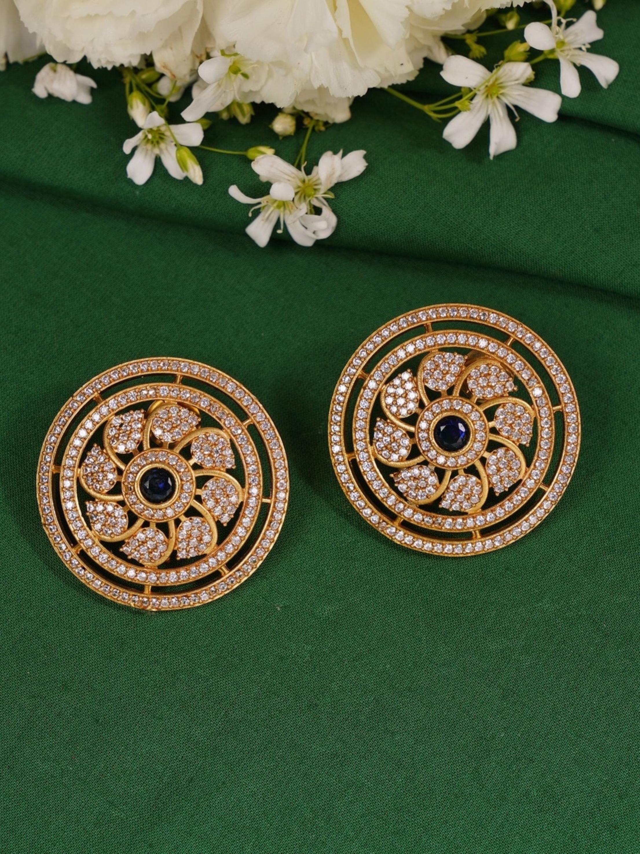 Royal Blue Meenakari Polki Hasli Necklace Set gold tone round earrings with blue center stones and intricate design