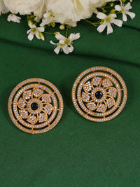 Thumbnail for Royal Blue Meenakari Polki Hasli Necklace Set gold tone round earrings with blue center stones and intricate design
