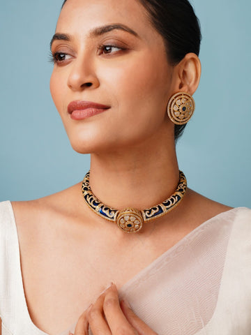 Woman wearing Abdesignsjewellery Royal Blue Meenakari Polki Hasli Necklace Set with matching earrings