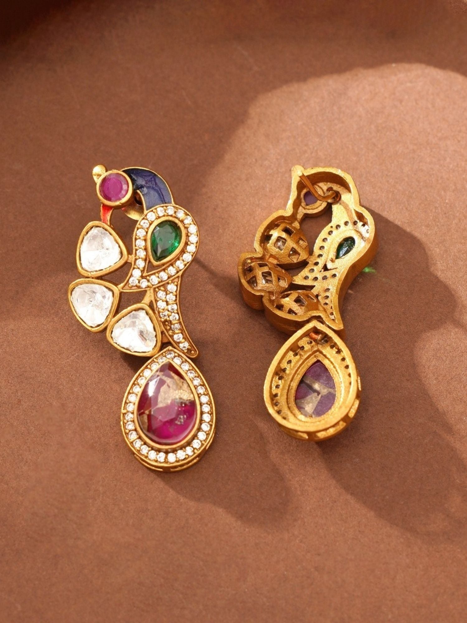 Royal Gold Plated Long Pearl Polki Peacock Necklace Set showcasing intricate peacock design with colorful gemstones and detailed craftsmanship