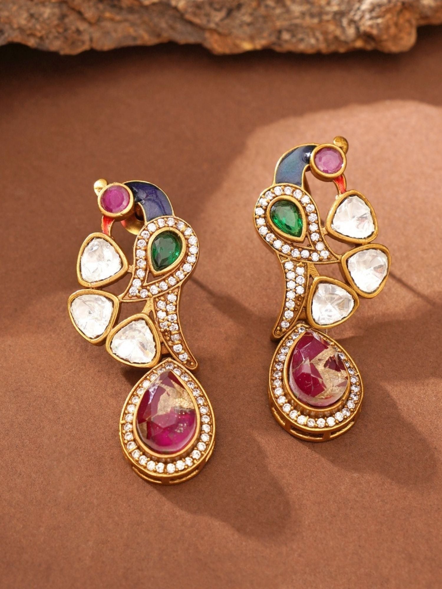 Royal Gold Plated Long Pearl Polki Peacock Necklace Set featuring intricate peacock design studded with colorful stones