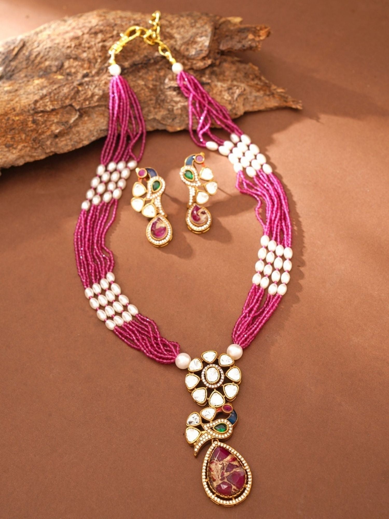 Abdesignsjewellery Royal Gold Plated Long Pearl Polki Peacock Necklace Set with pink beads and matching earrings
