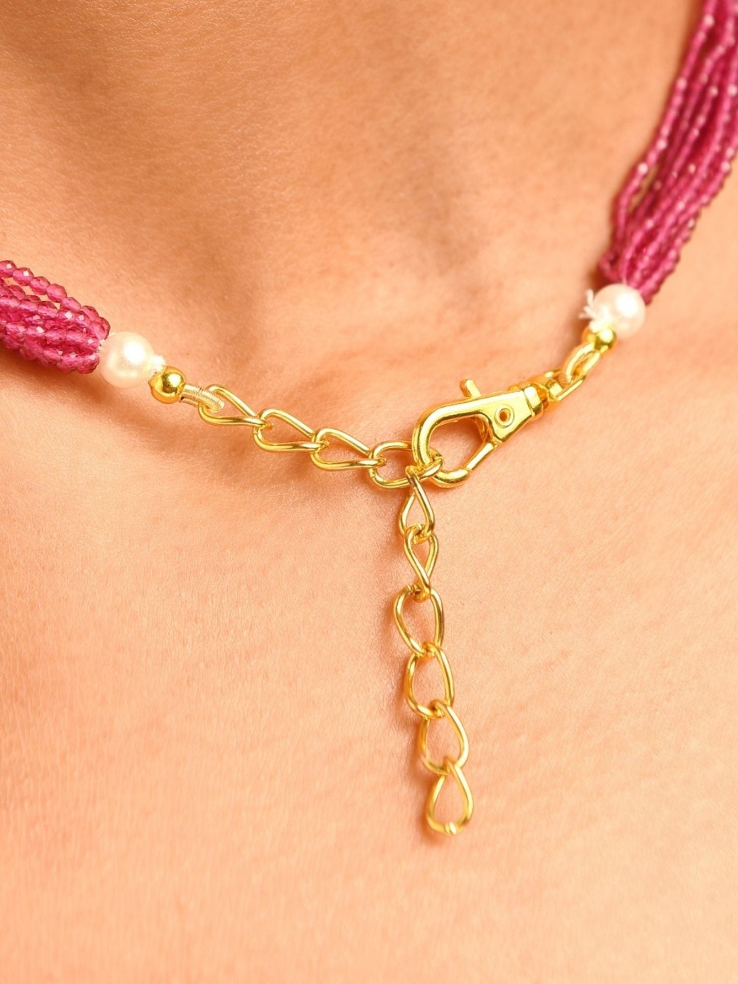Royal Gold Plated Long Pearl Polki Peacock Necklace Set with adjustable gold clasp and pink beads