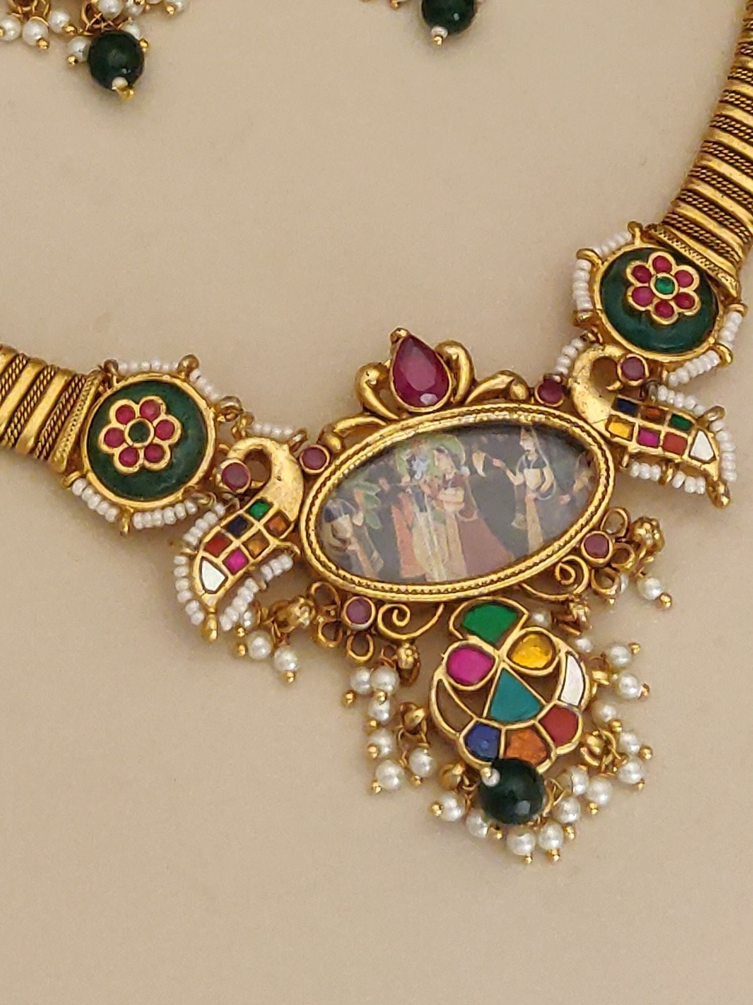 Abdesignsjewellery royal imitation Southindian temple necklace set with traditional gold finish and colorful detailing