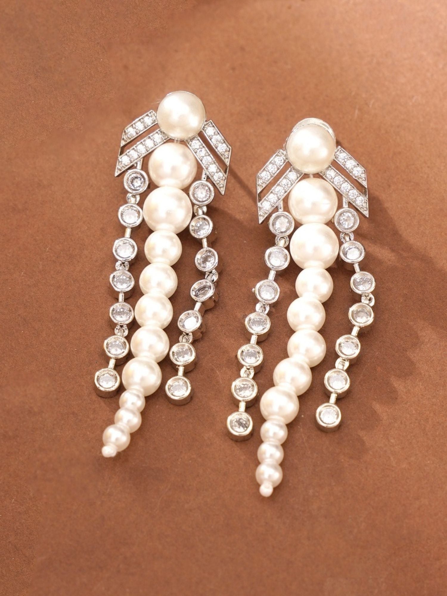 Royal Silver Plated Long Pearl Necklace Set featuring elegant pearl and crystal drop design