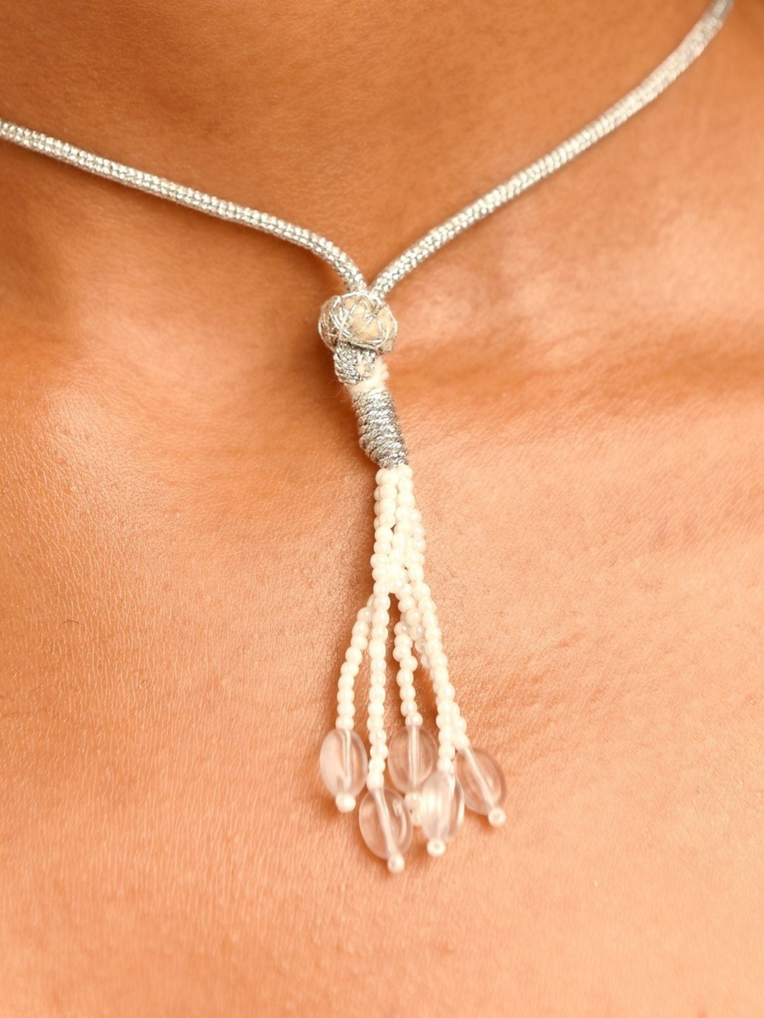 Royal Silver Plated Long Pearl Necklace Set with delicate beads and crystal pendant on model