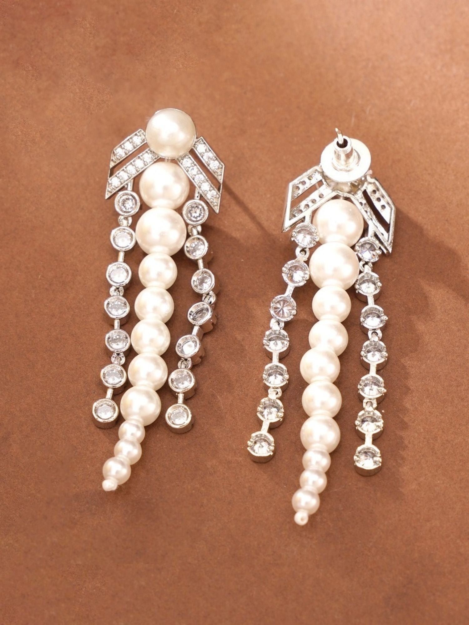 Royal Silver Plated Long Pearl Necklace Set featuring elegant pearl and crystal drop design by Abdesignsjewellery