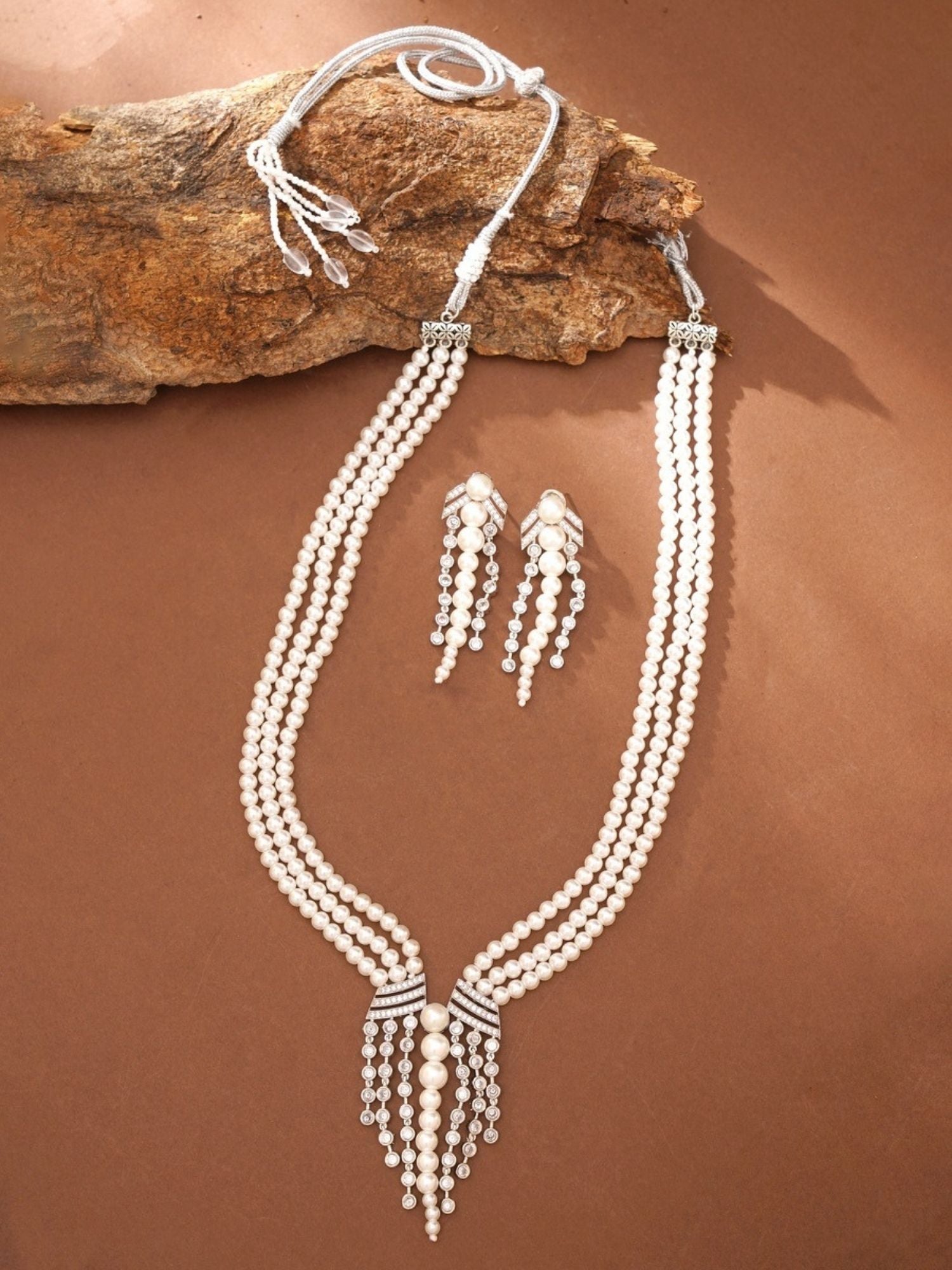 Royal Silver Plated Long Pearl Necklace Set with matching earrings by Abdesignsjewellery