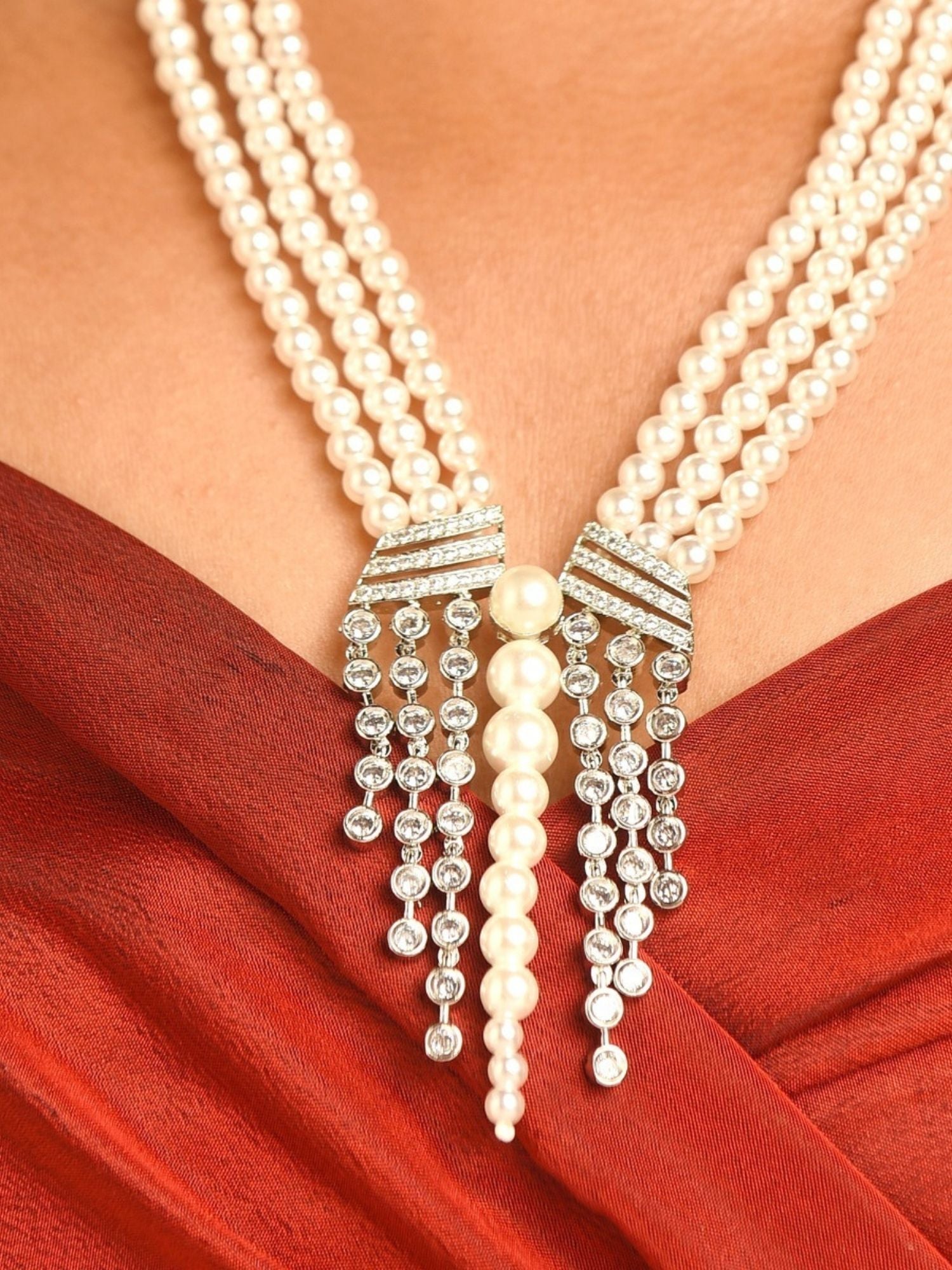 Royal Silver Plated Long Pearl Necklace Set with multiple strands and crystal accents by Abdesignsjewellery