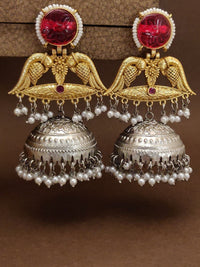 Thumbnail for Stunning ruby peacock jhumka earrings with intricate gold detailing and pearl accents