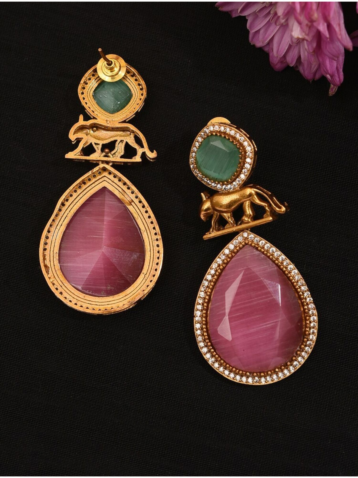 Abdesignsjewellery Sabyasachi Earrings featuring gold-tone metal with green and pink stones and panther design