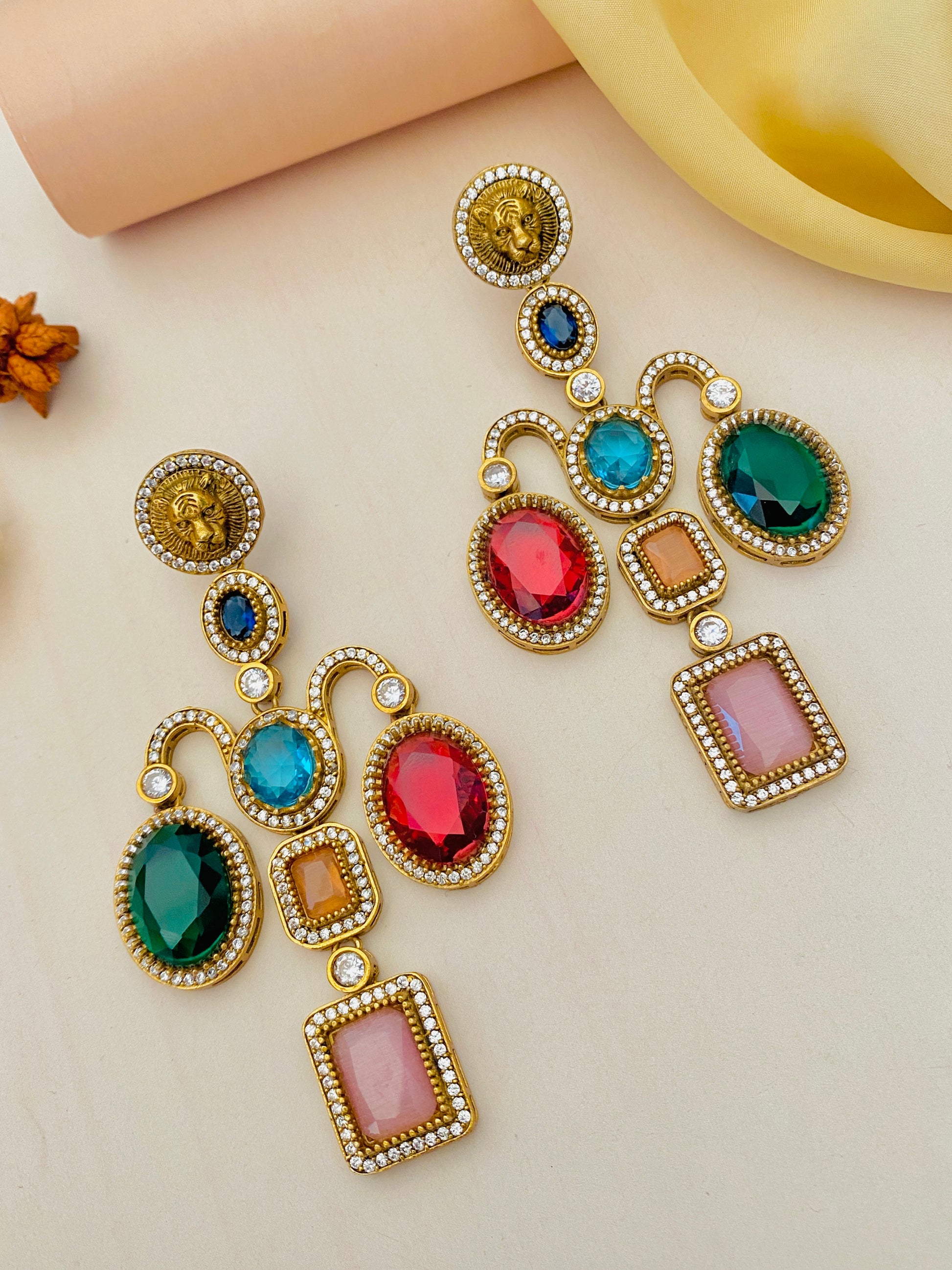 Abdesignsjewellery Sabyasachi inspired gold plated earrings with multicolor gemstones and intricate design