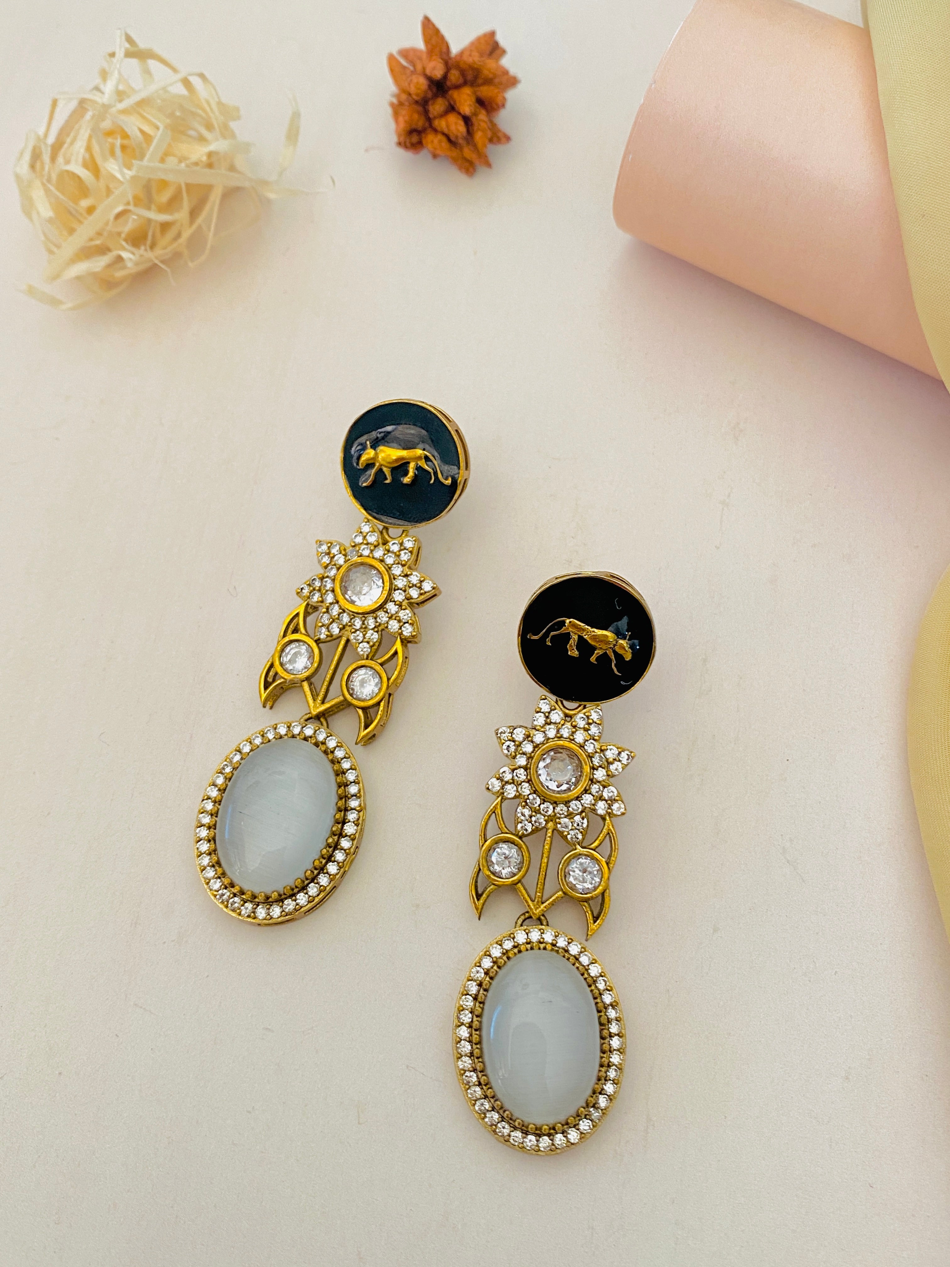 Abdesignsjewellery Sabyasachi Inspired Necklace Set Pearl gold earrings with black and white stone detailing