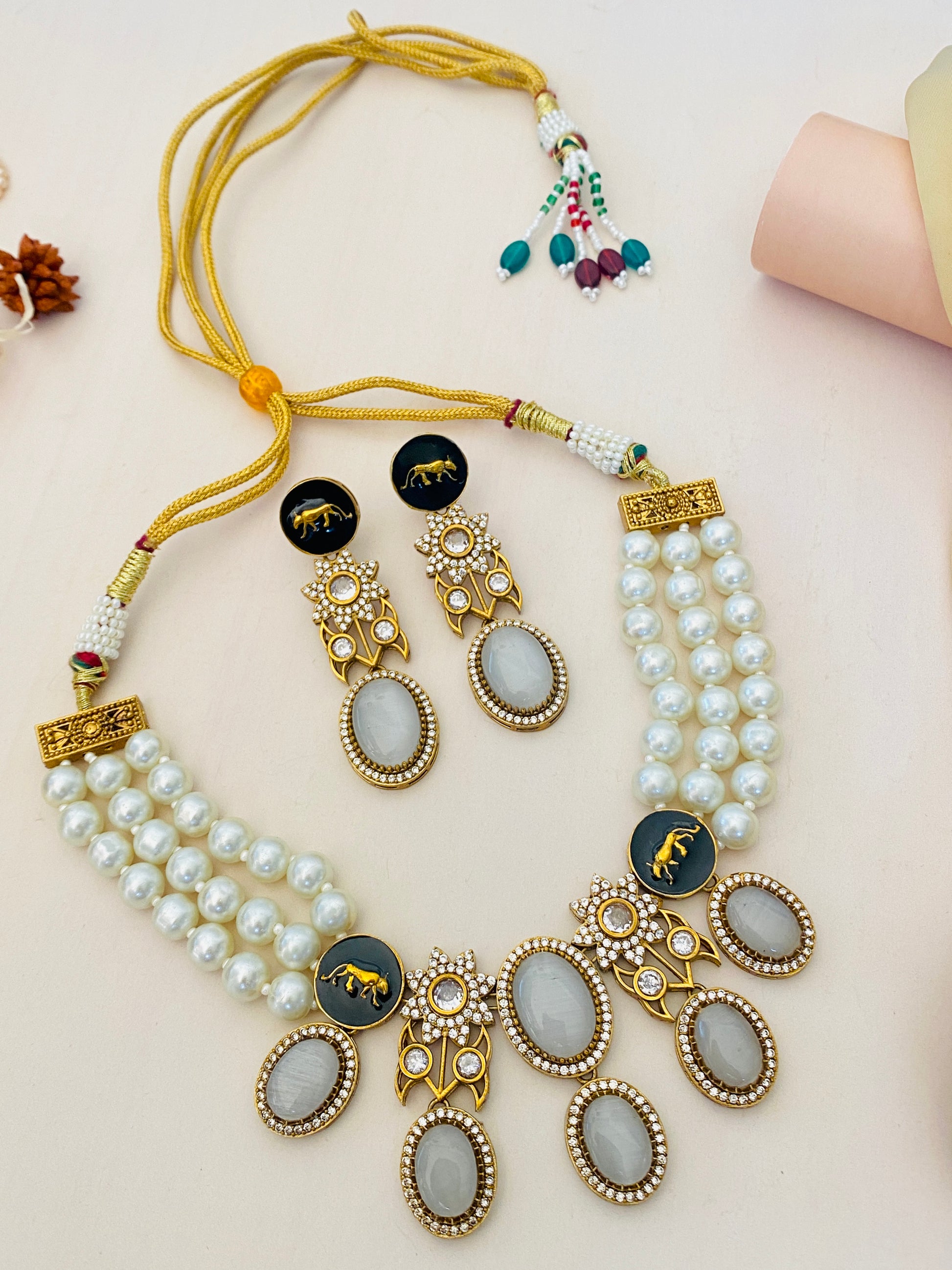 Sabyasachi Inspired Necklace Set Pearl with gold detailing and matching earrings by Abdesignsjewellery