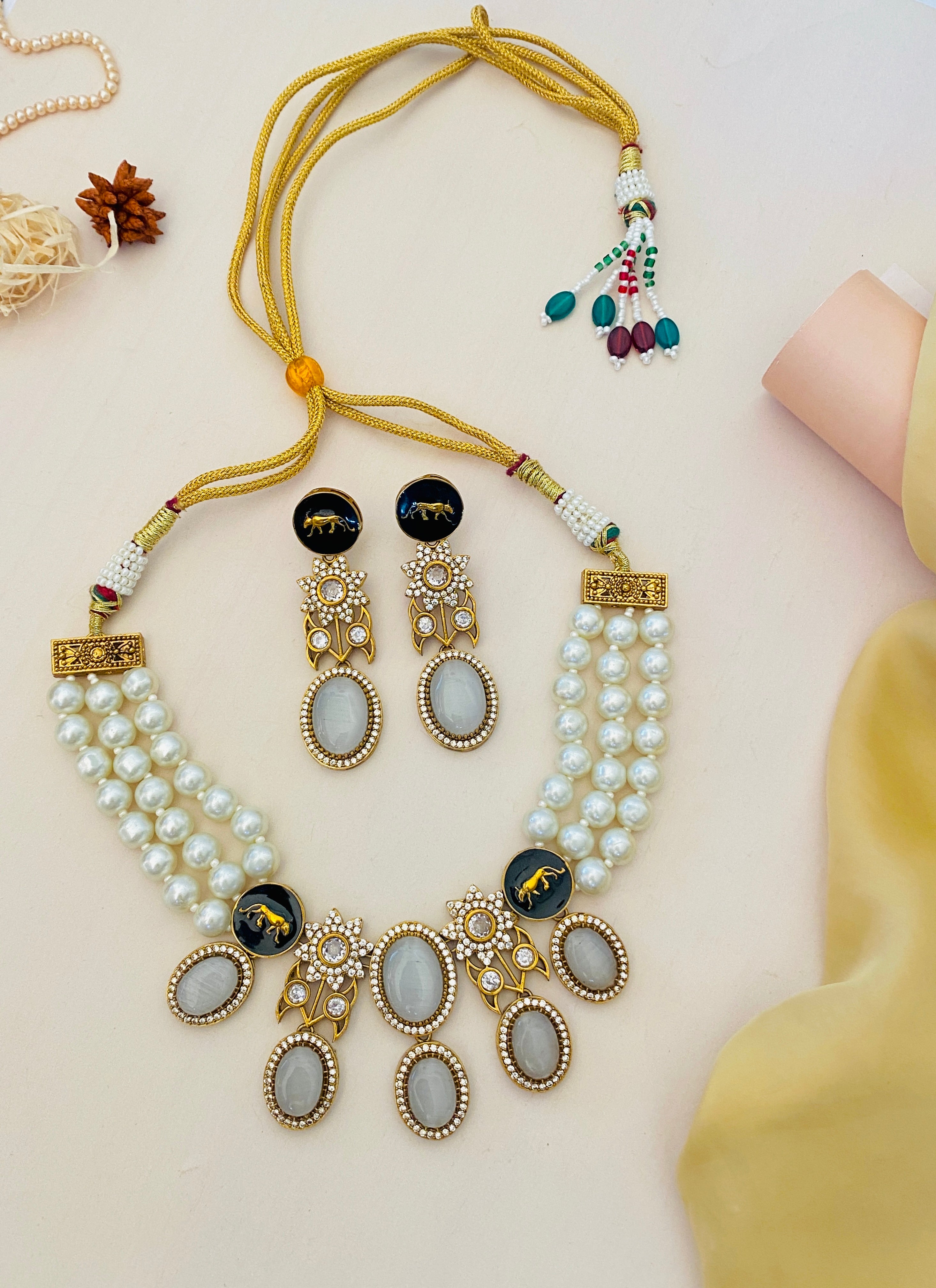 Abdesignsjewellery Sabyasachi Inspired Necklace Set Pearl with matching earrings featuring pearls and intricate gold design