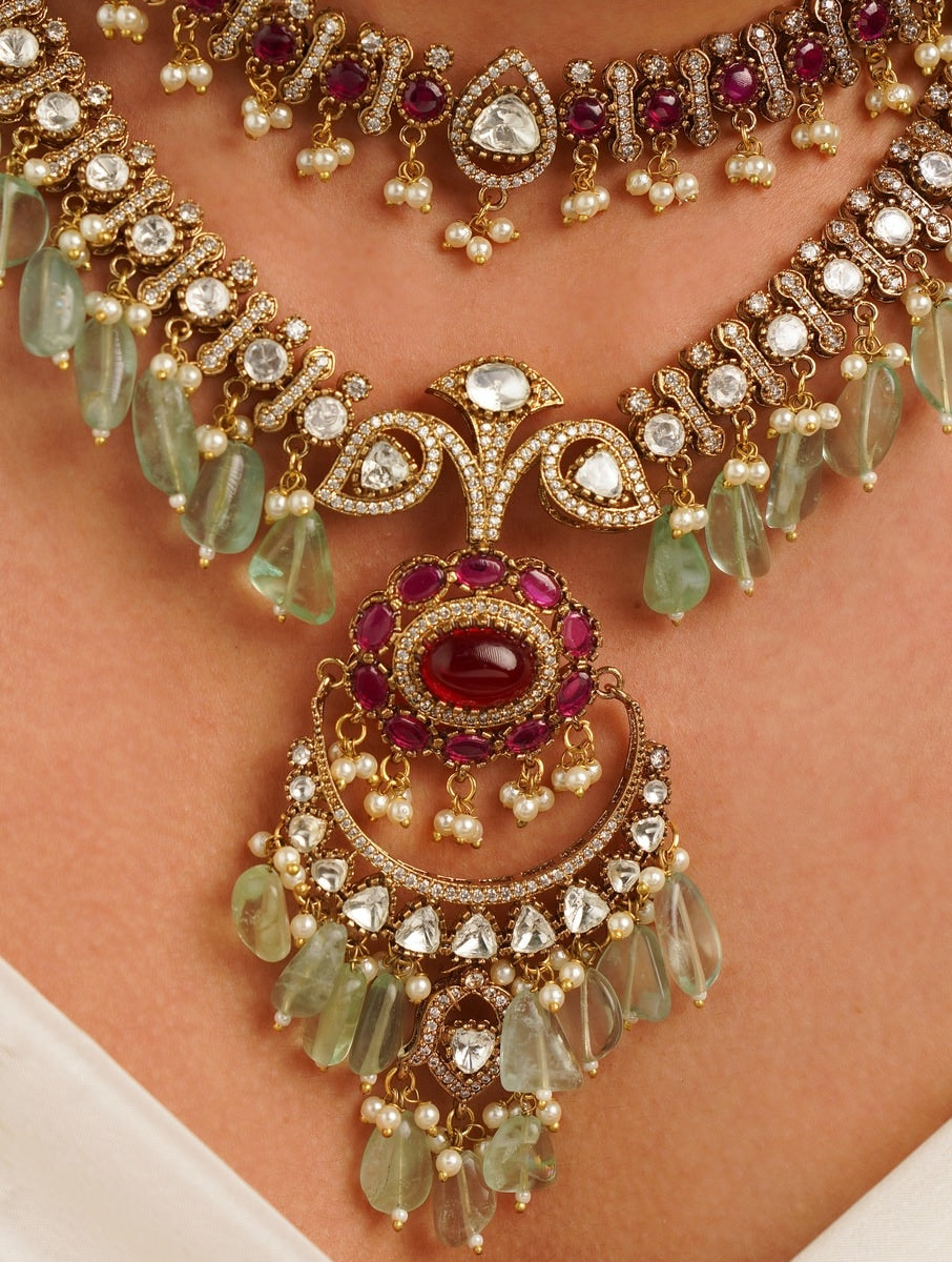 Sabyasachi Inspired Ruby Emerald Multilayer Necklace Set with green emerald and ruby stones by Abdesignsjewellery