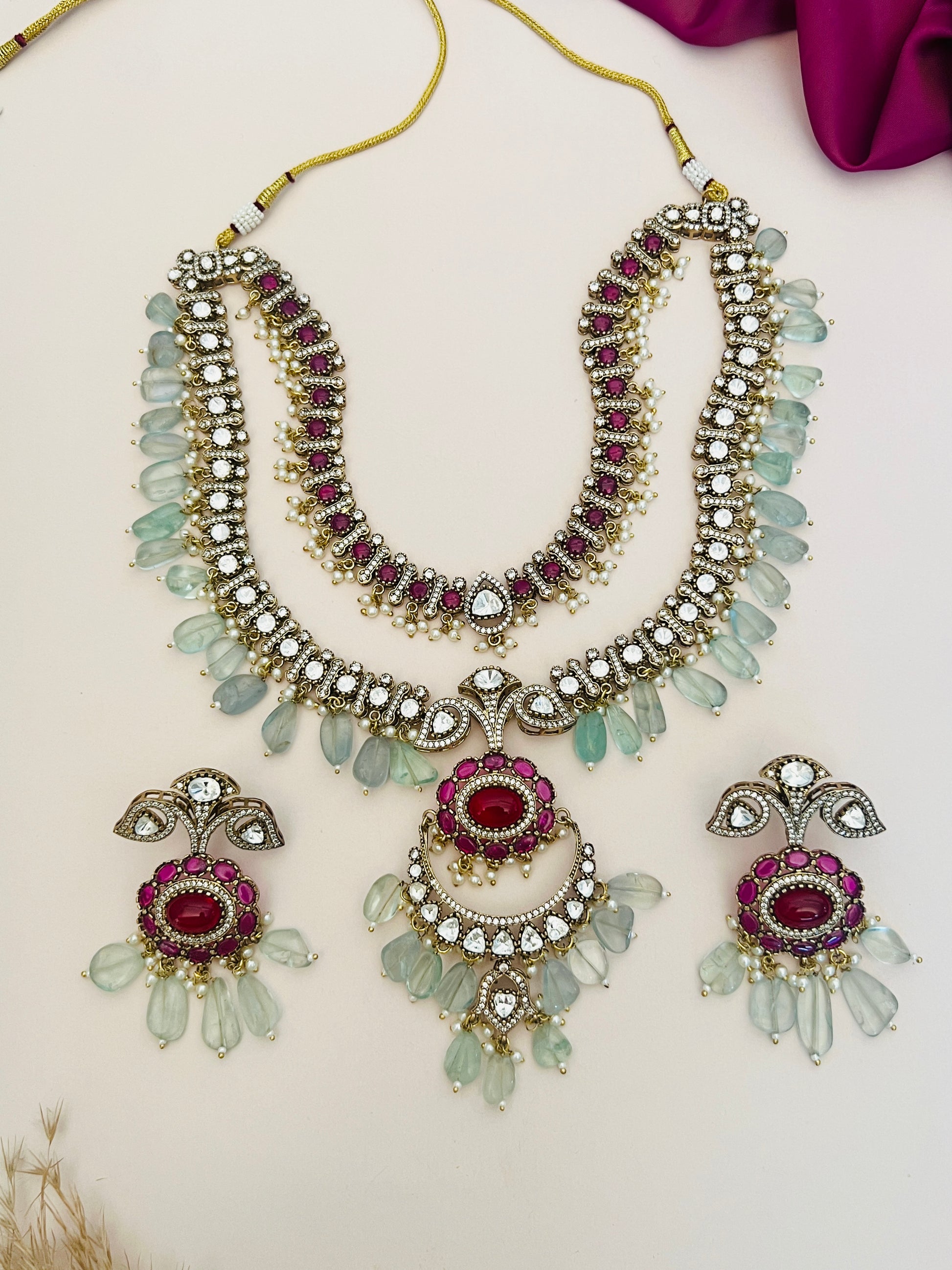 Sabyasachi Inspired Ruby Emerald Multilayer Necklace Set with matching earrings by Abdesignsjewellery