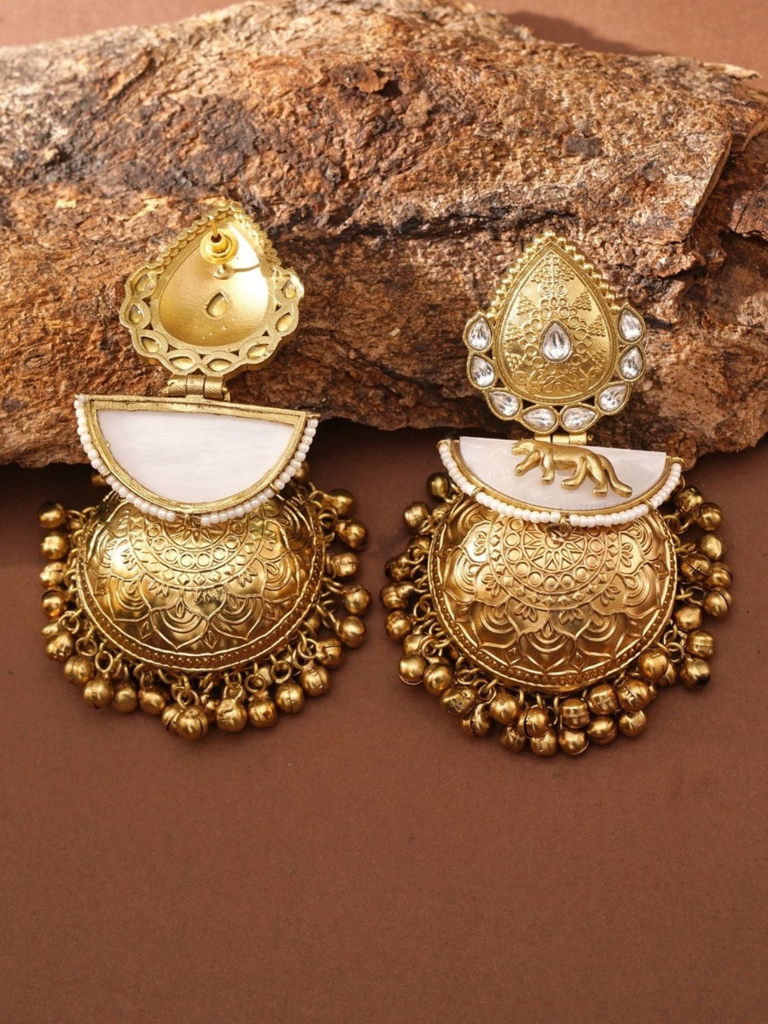 Sabyasachi Style Gold Plated Jhumka Earrings with intricate floral design and white stone accents