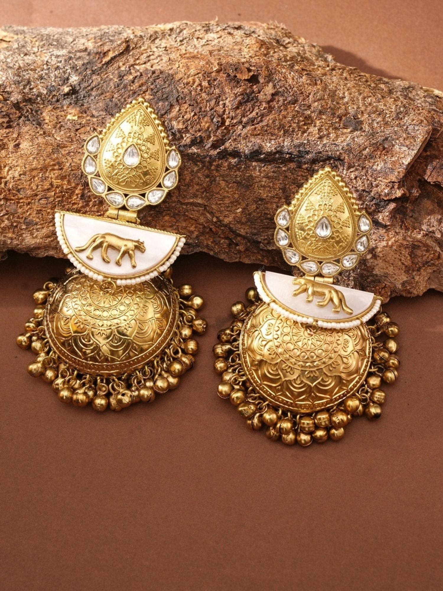 Sabyasachi Style Gold Plated Jhumka Earrings with intricate floral design and pearl accents by Abdesignsjewellery