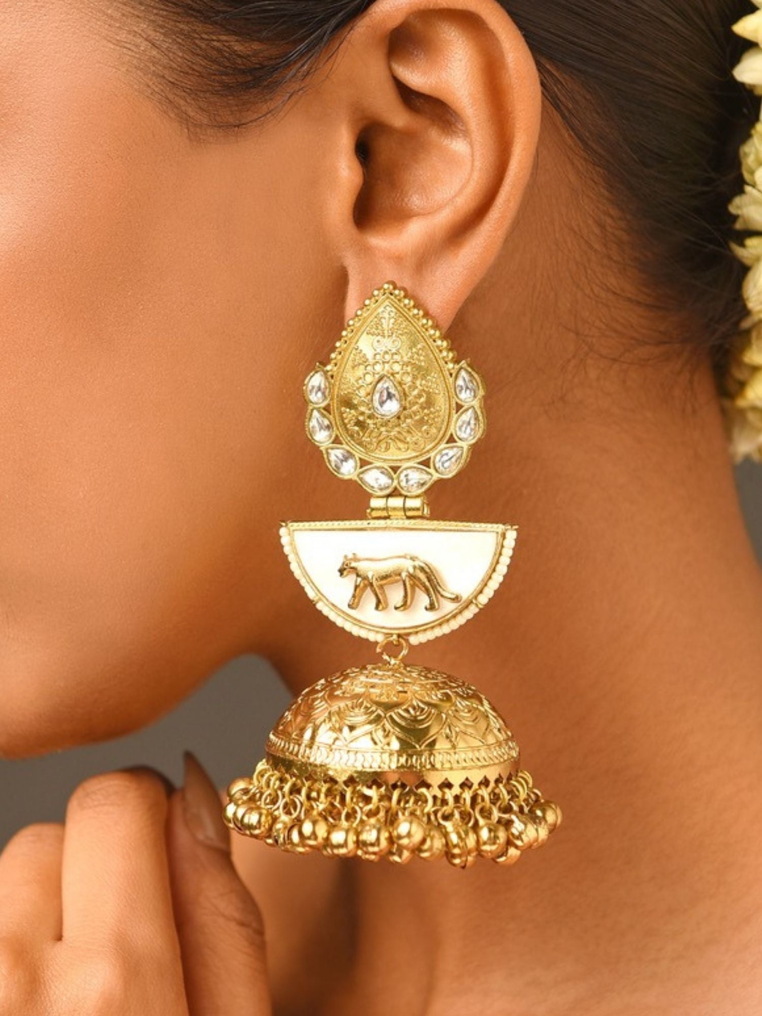 Sabyasachi Style Gold Plated Jhumka Earrings by Abdesignsjewellery worn on ear with intricate design