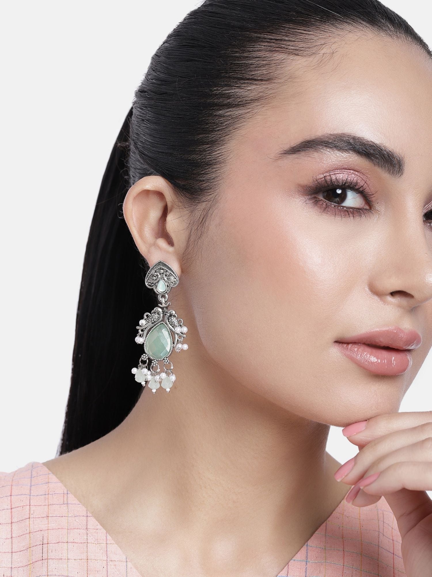 Elegant Set Of 2 German Silver Earring Combo with intricate design and gemstone accents