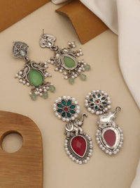 Thumbnail for Set of 2 German Silver Earring Combo featuring intricate designs with green and red accents