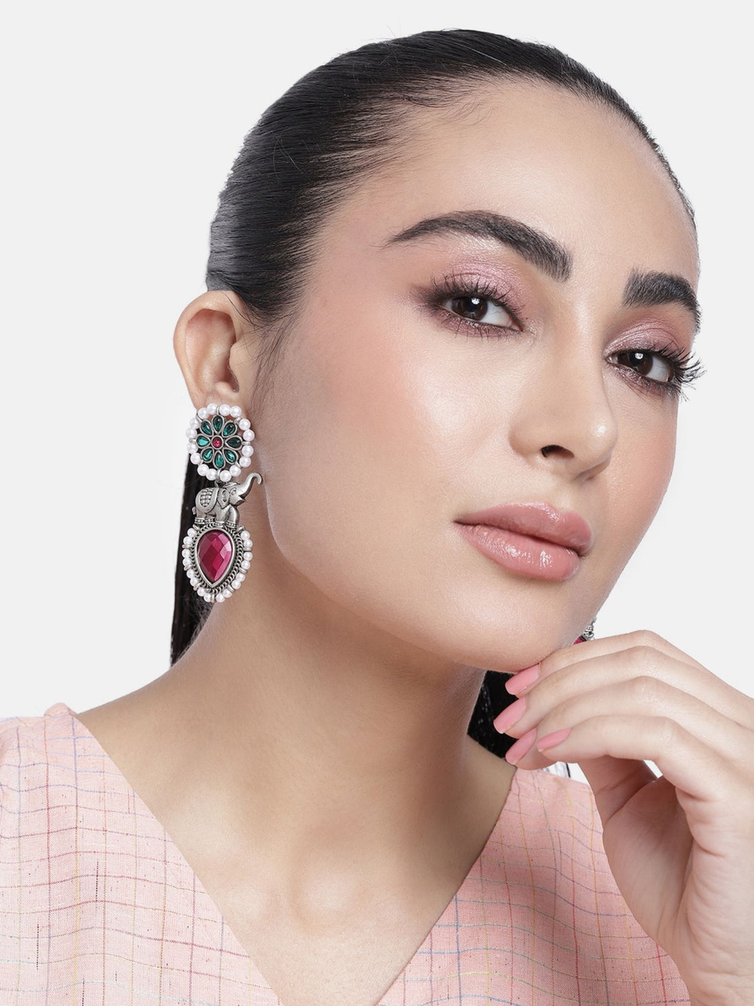 Elegant Set Of 2 German Silver Earring Combo with intricate design and gemstone accents