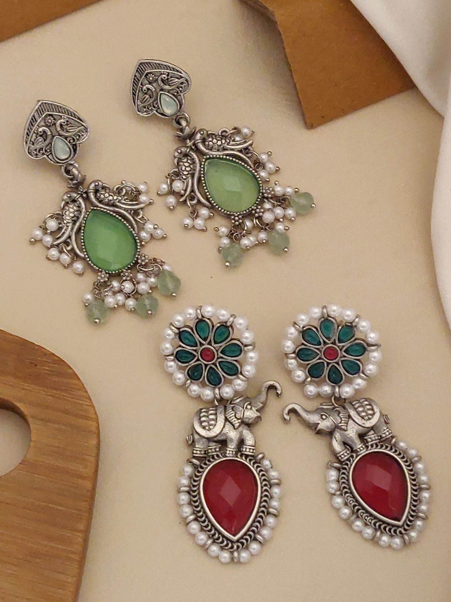Set of 2 German Silver Earring Combo featuring intricate designs with green and red elements