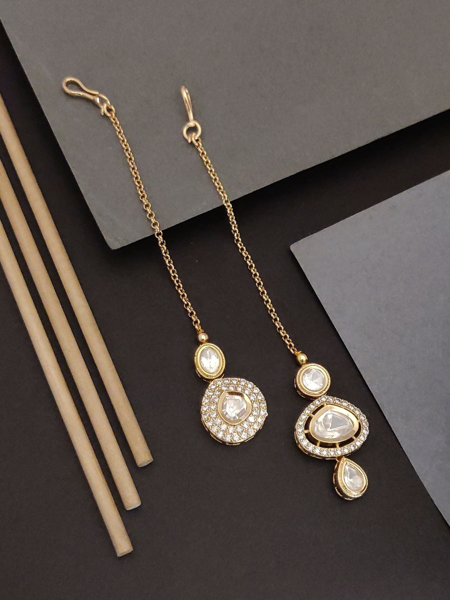 Set Of 2 Gold Plated Polki Maangtikka Combo with intricate designs and elegant stone detailing