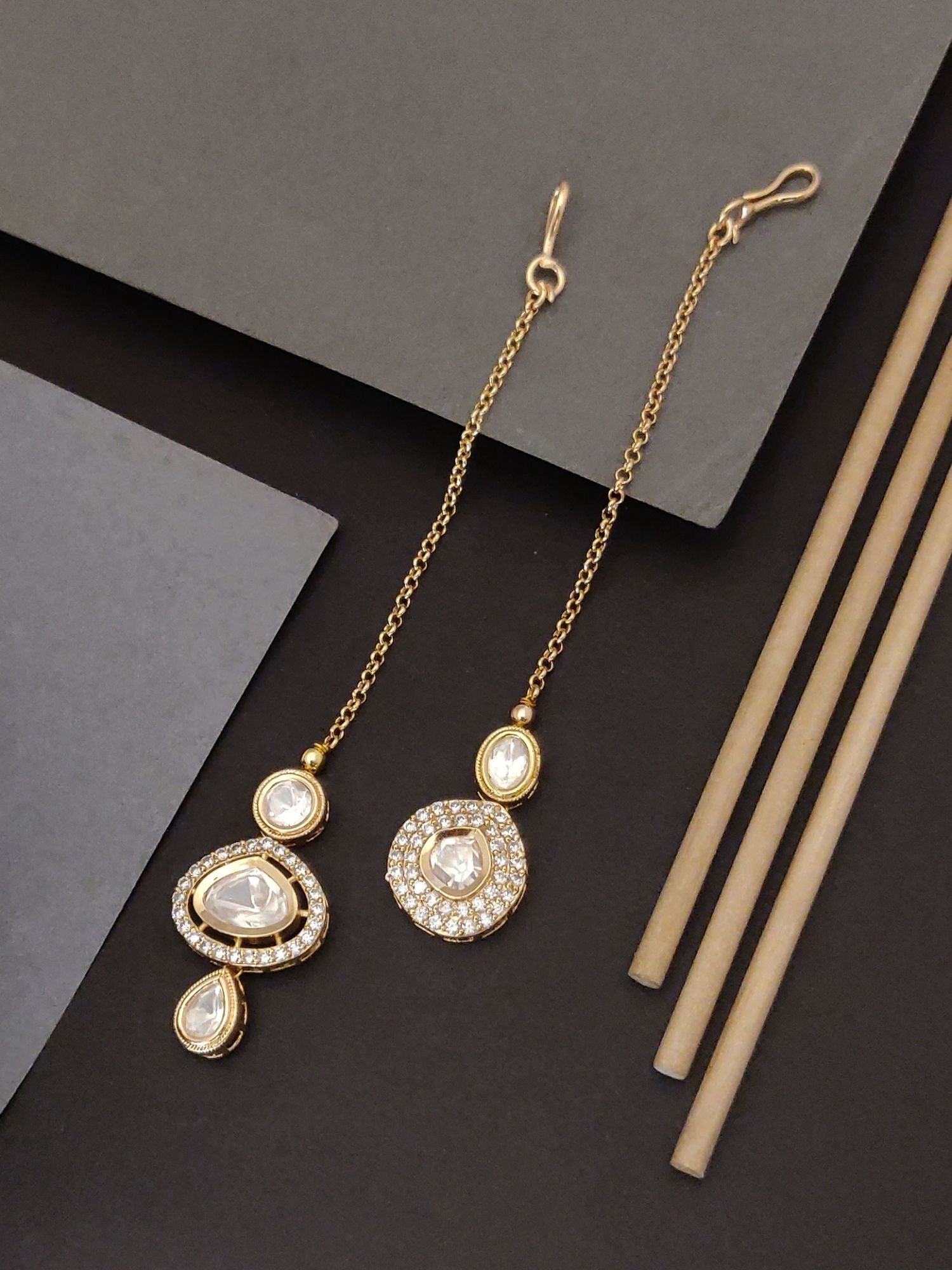 Set of 2 Gold Plated Polki Maangtikka Combo with intricate designs and sparkling stones