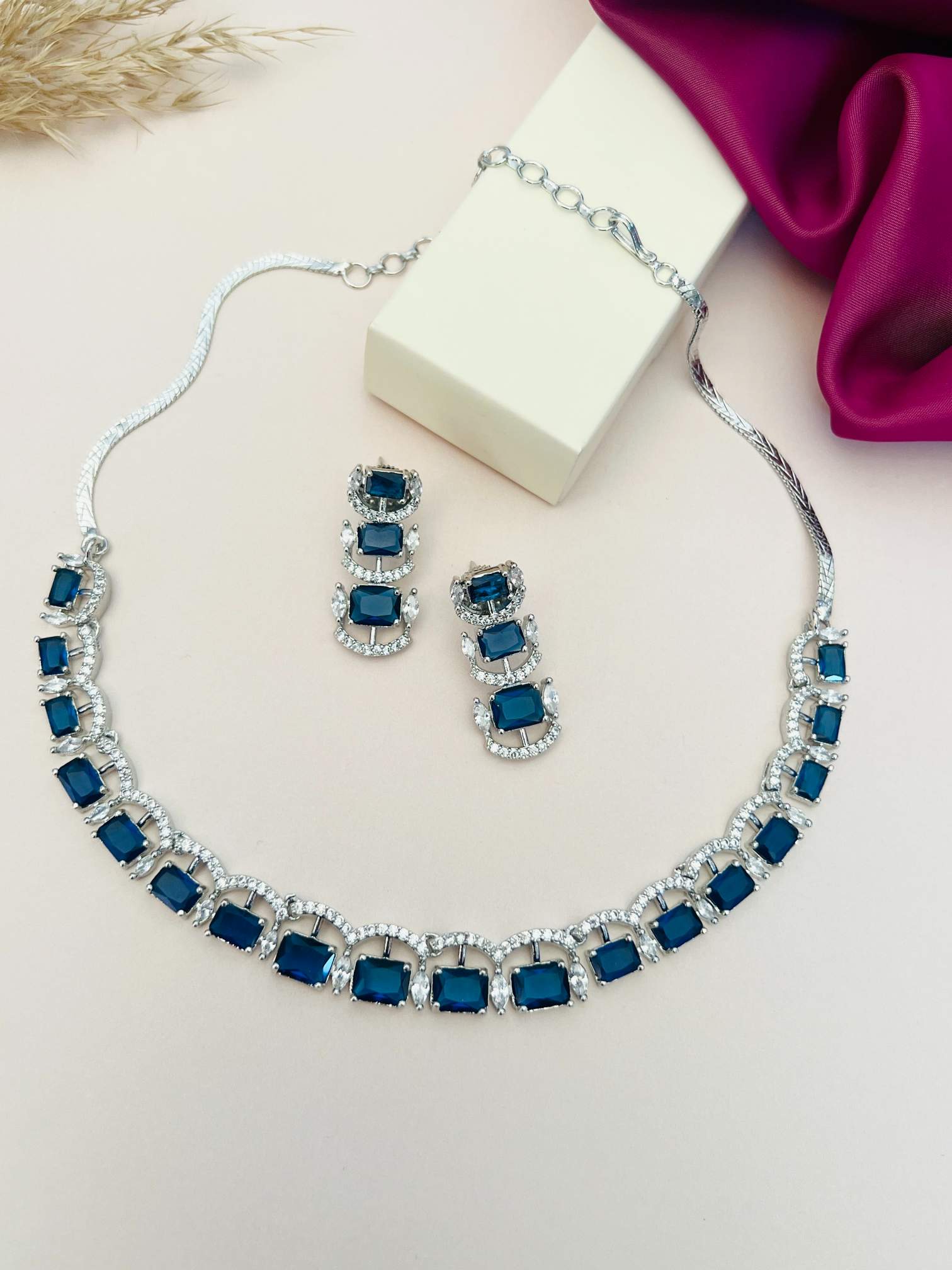 Silver American Diamond Necklace Set with blue rectangular stones and matching earrings by Abdesignsjewellery