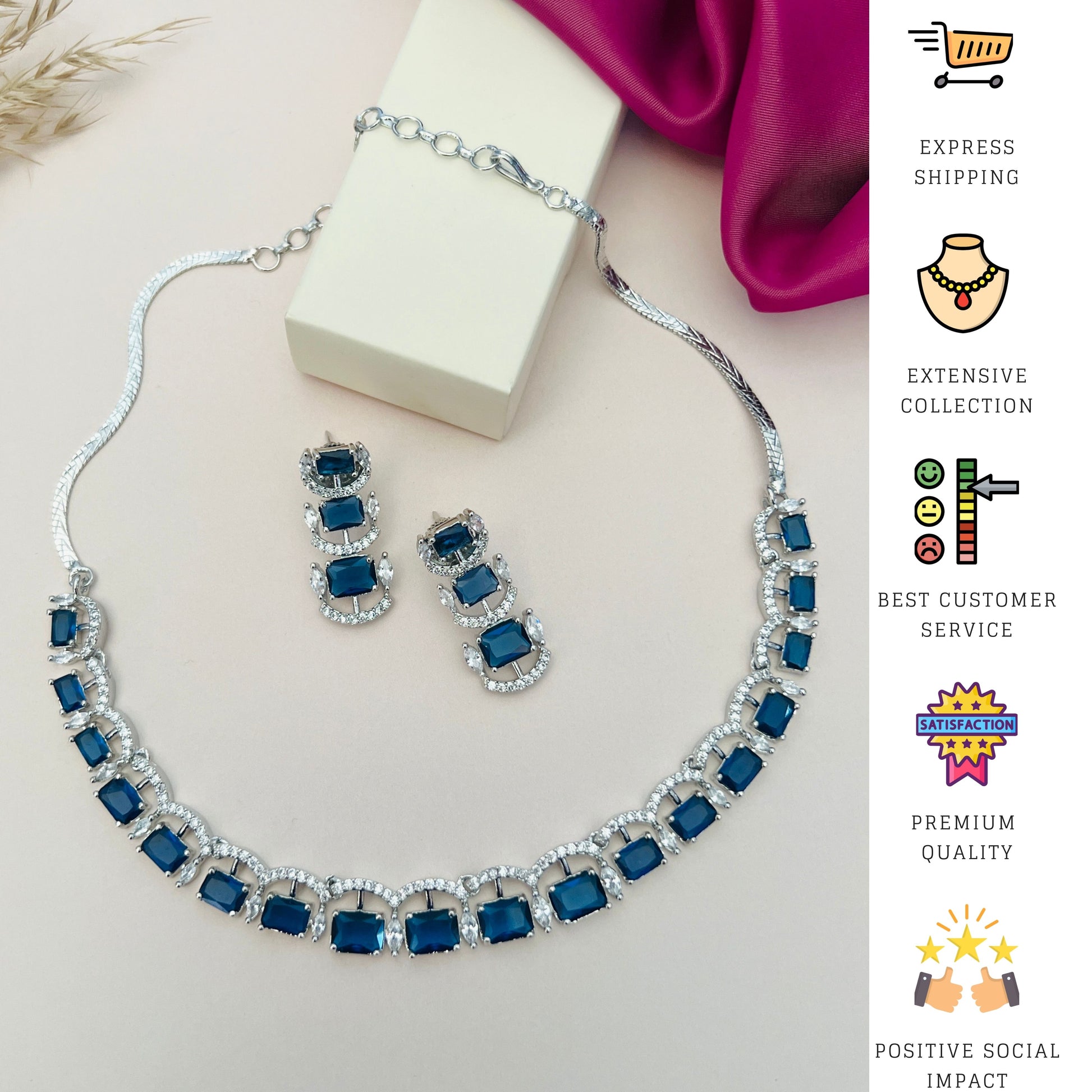 Silver American Diamond Necklace Set with blue stones and matching earrings from Abdesignsjewellery
