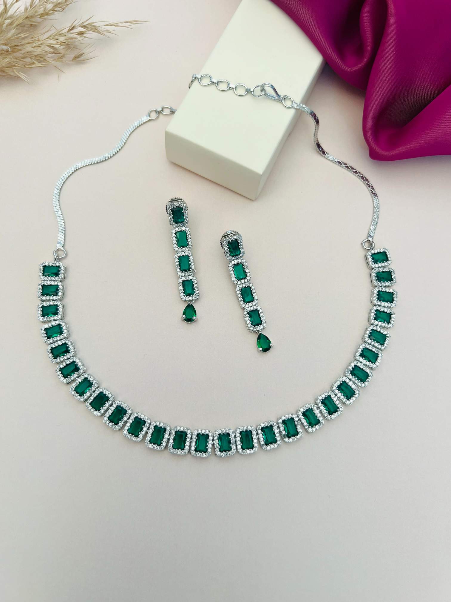 Silver American Diamond Necklace Set with green stones and matching earrings from Abdesignsjewellery