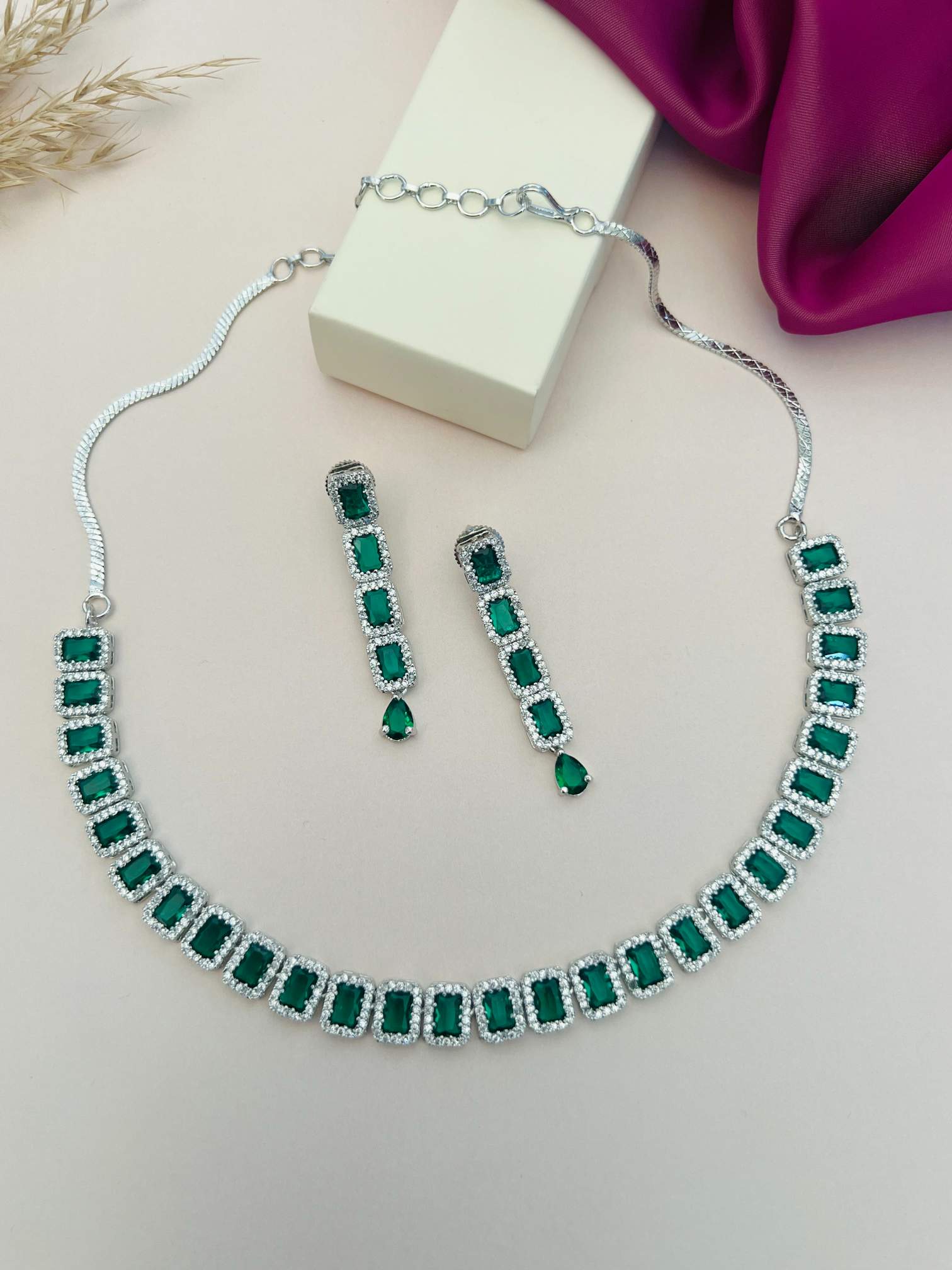 Silver American Diamond Necklace Set with green and clear stones by Abdesignsjewellery