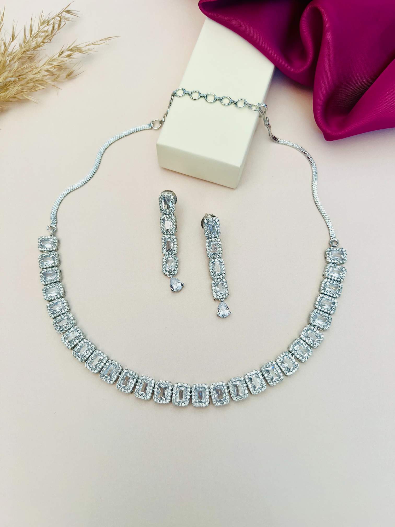 Silver American Diamond Necklace Set by Abdesignsjewellery featuring sparkling stones and matching earrings
