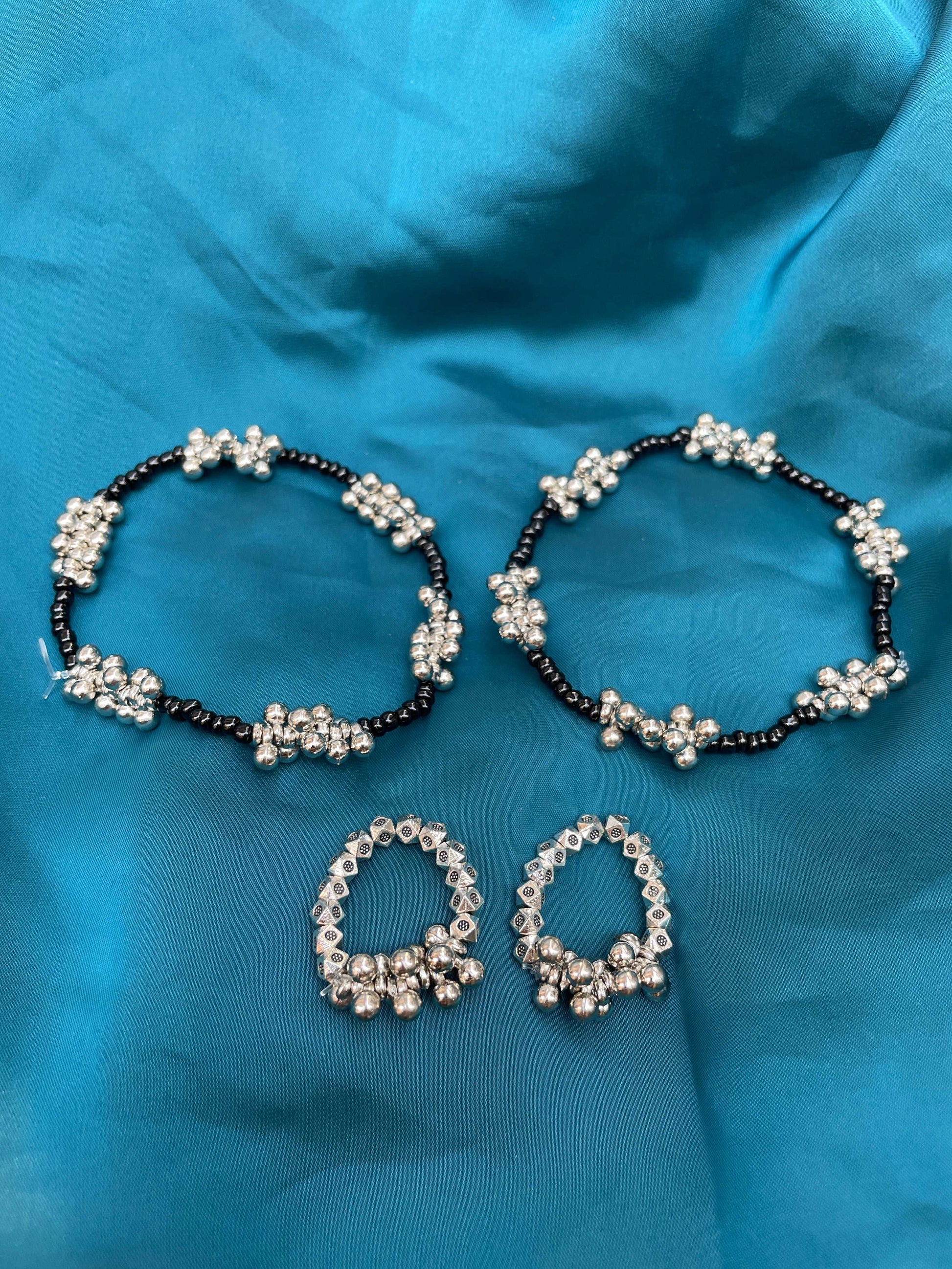 Abdesignsjewellery gungru anklet toe ring combo black beads with silver jingle bell clusters for dance