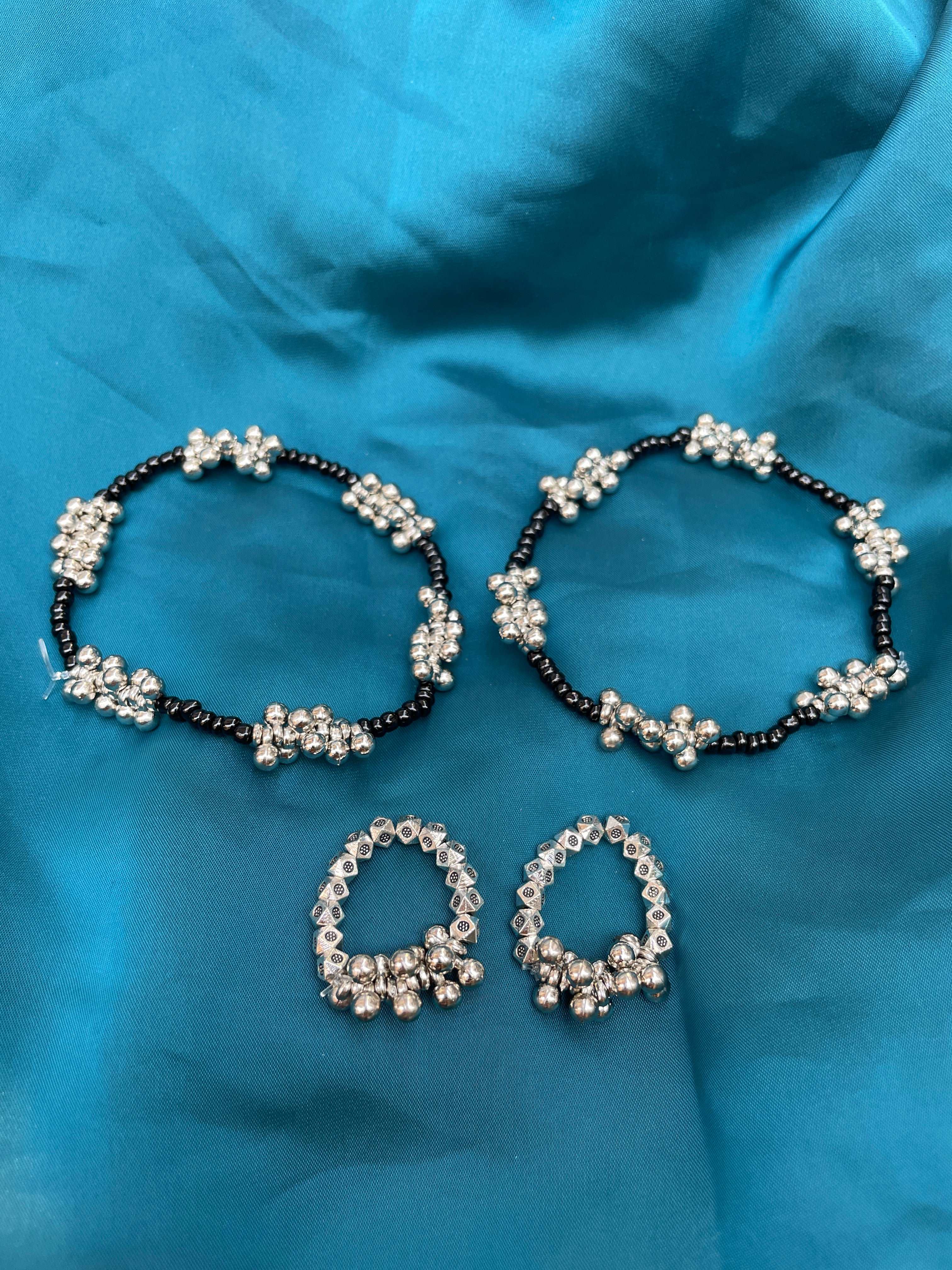 Abdesignsjewellery gungru anklet toe ring combo black beads with silver jingle bell clusters for dance