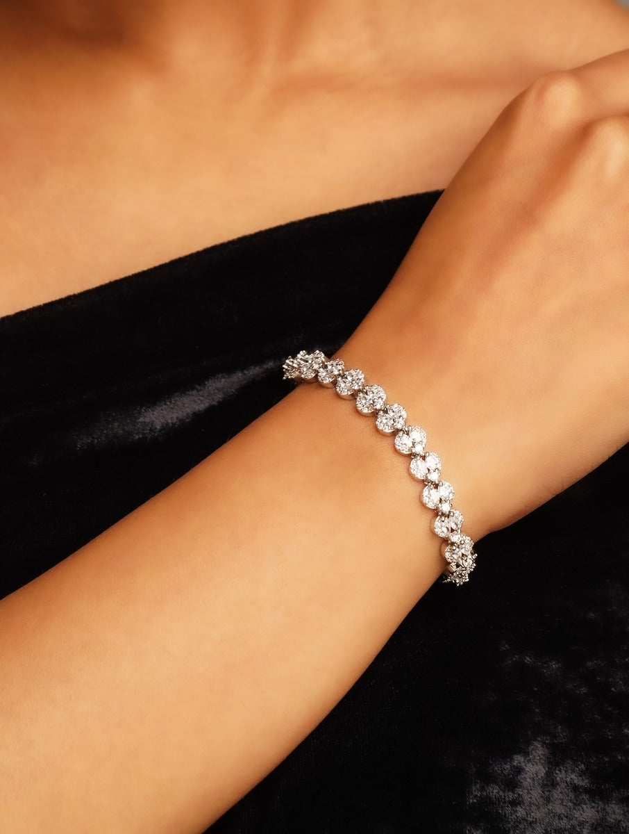 Silver Plated American Diamond Bracelet on wrist showcasing sparkling stones and elegant design by Abdesignsjewellery