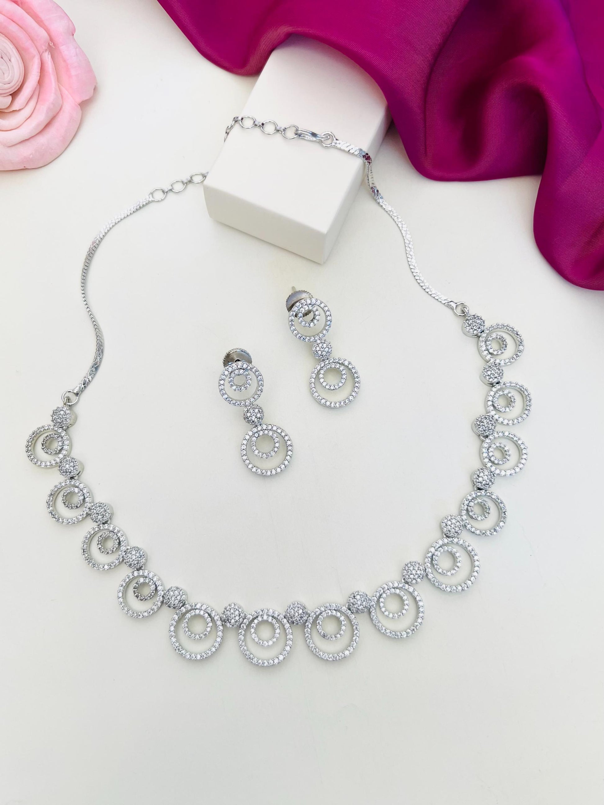 Silver Plated American Diamond Chocker Necklace Set with matching circular earrings by Abdesignsjewellery