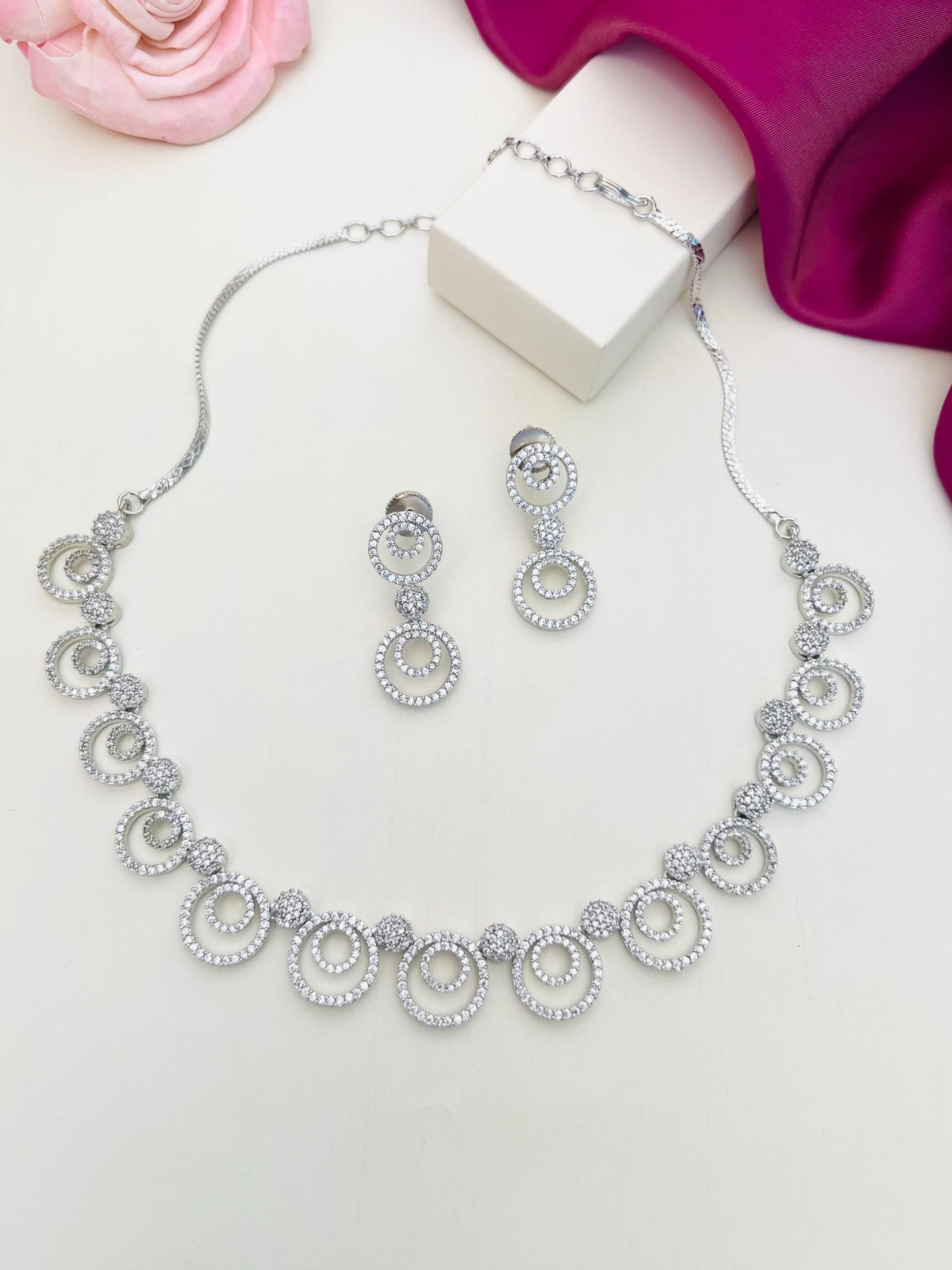Silver Plated American Diamond Chocker Necklace Set by Abdesignsjewellery featuring circular diamond accents with matching earrings