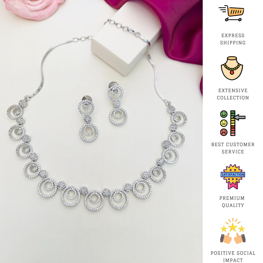 Silver Plated American Diamond Chocker Necklace Set by Abdesignsjewellery worn by woman with matching earrings